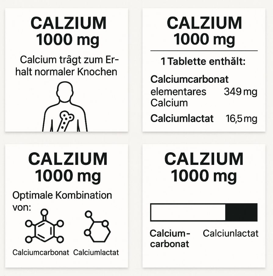 Vier quadratische Karten mit Text: CALZIUM 1000 mg. Informationen zu Inhaltsstoffen und Wirkung. Illustrationen von Knochen und Molekülen.