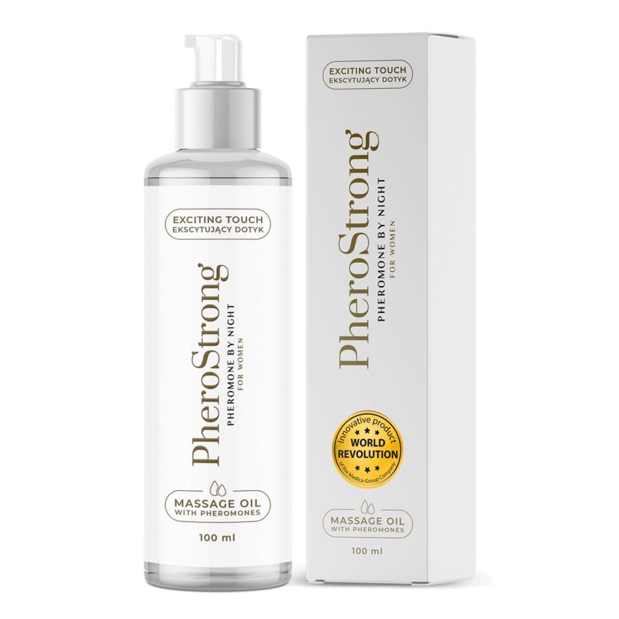 PheroStrong Massageöl Flasche mit Pumpspender und Verpackungsbox, 100ml.