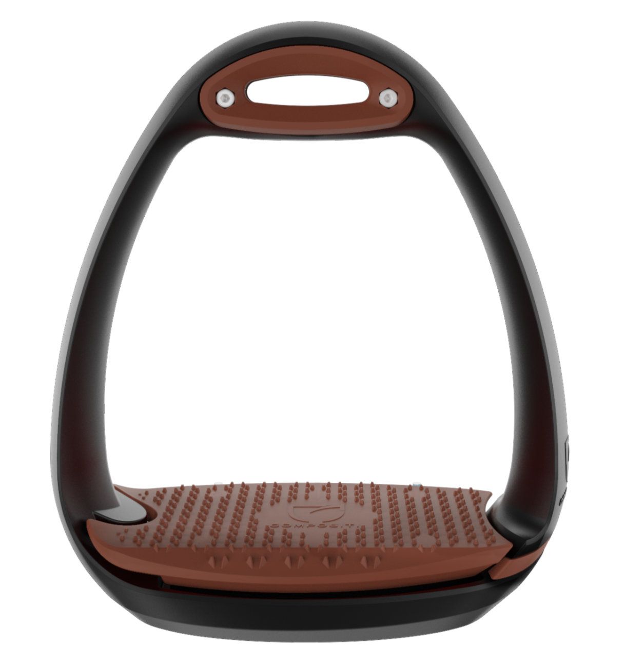 Steigbügel, braun-schwarz. Ovaler Rahmen, geriffelte Trittfläche. Zwei Schrauben oben.