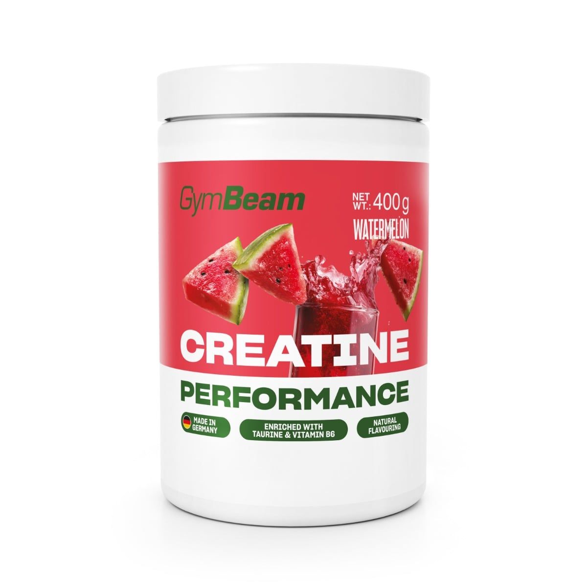 GymBeam Kreatin Performance Monohydrat Pulver in Wassermelonen-Geschmack, 400g Dose mit Abbildung von Wassermelonenstücken und einem Glas Getränk.