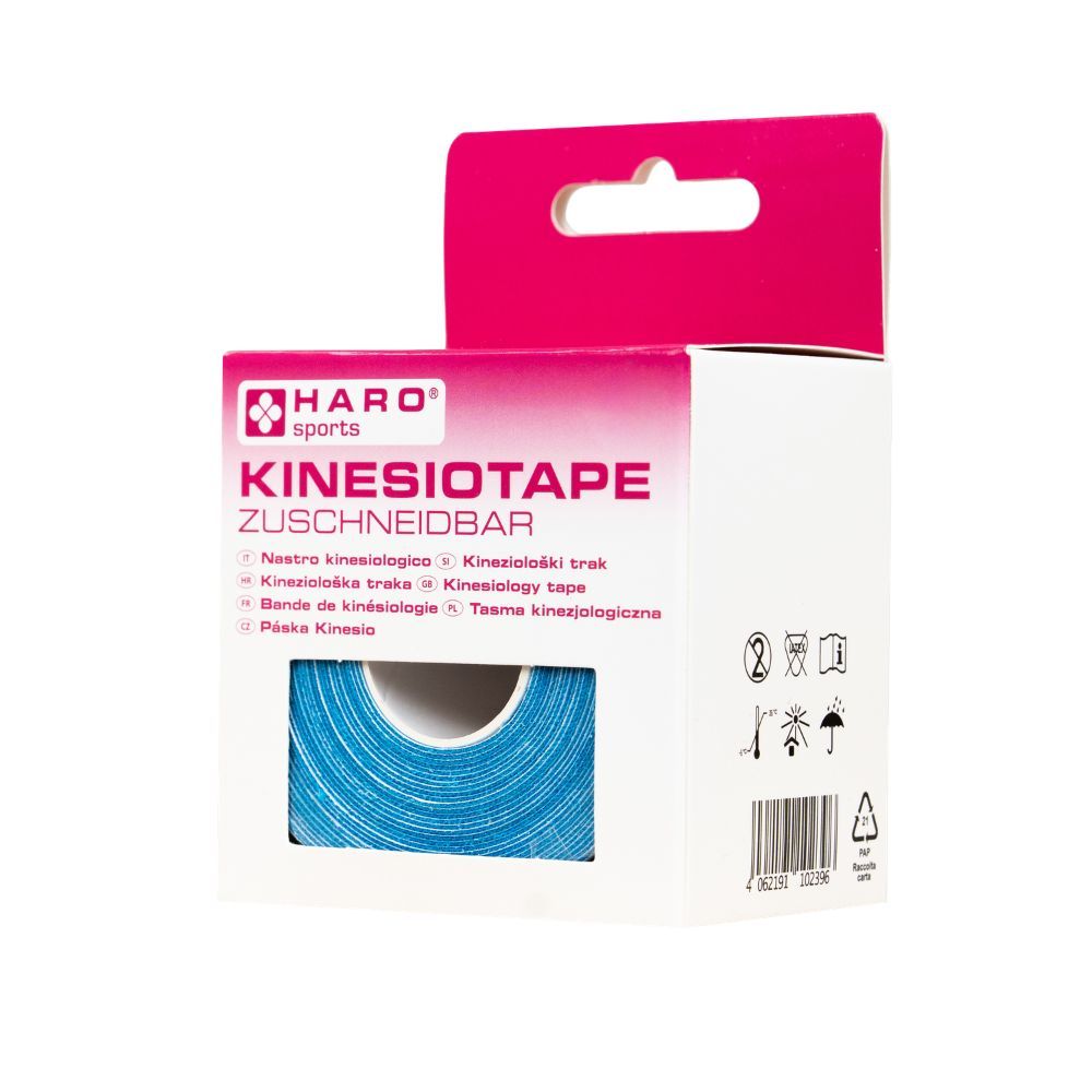 Blaues Kinesiotape auf Rolle in Verpackung. Marke HARO SPORTS. Aufschrift: KINESIOTAPE ZUSCHNIDBAR. Verpackung mit Symbolen.