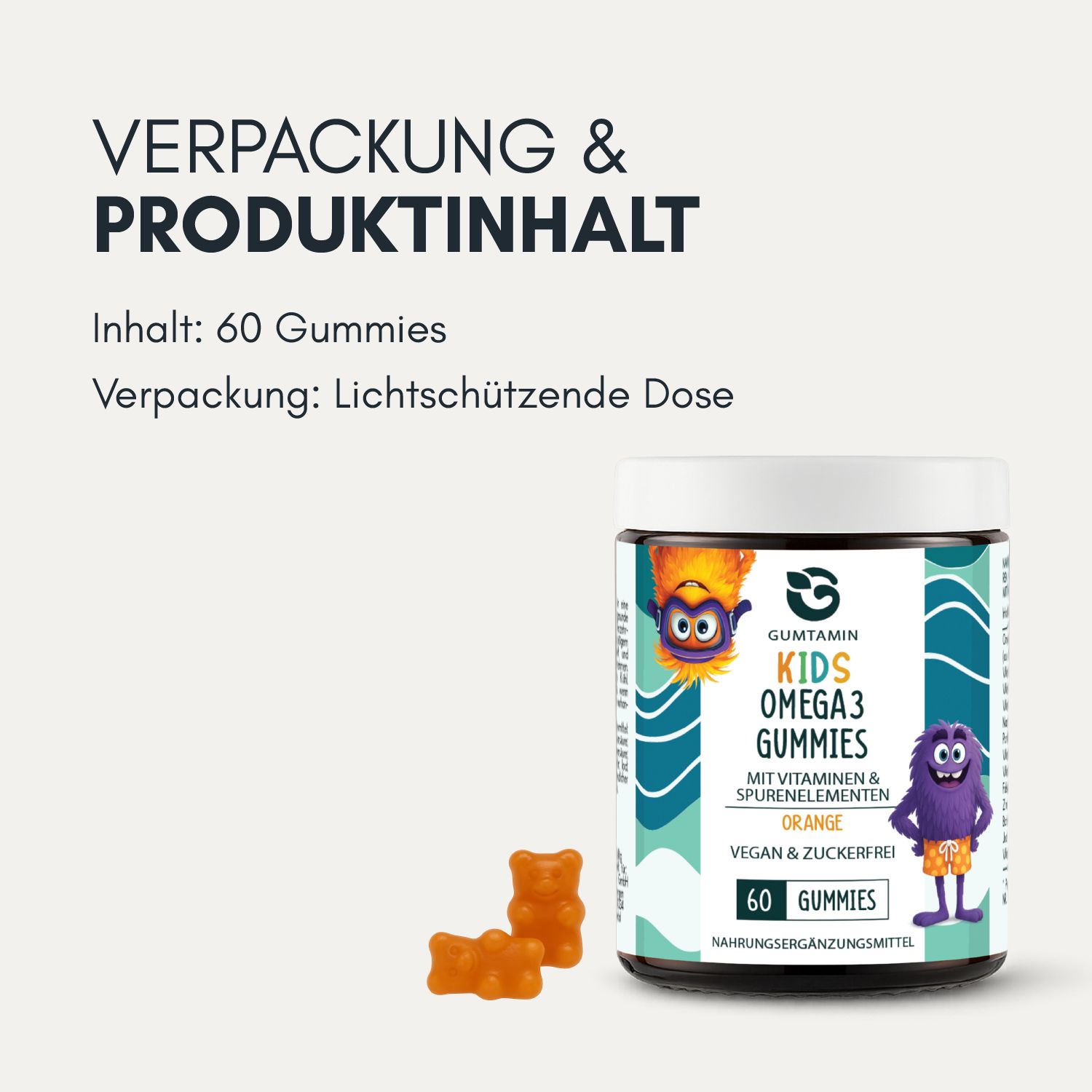 Dose mit Omega 3 Gummibärchen für Kinder. Text: 60 Gummies, Verpackung: lichtschützende Dose. Gumtamin Kids Omega 3 Gummies, Orange, vegan & zuckerfrei.