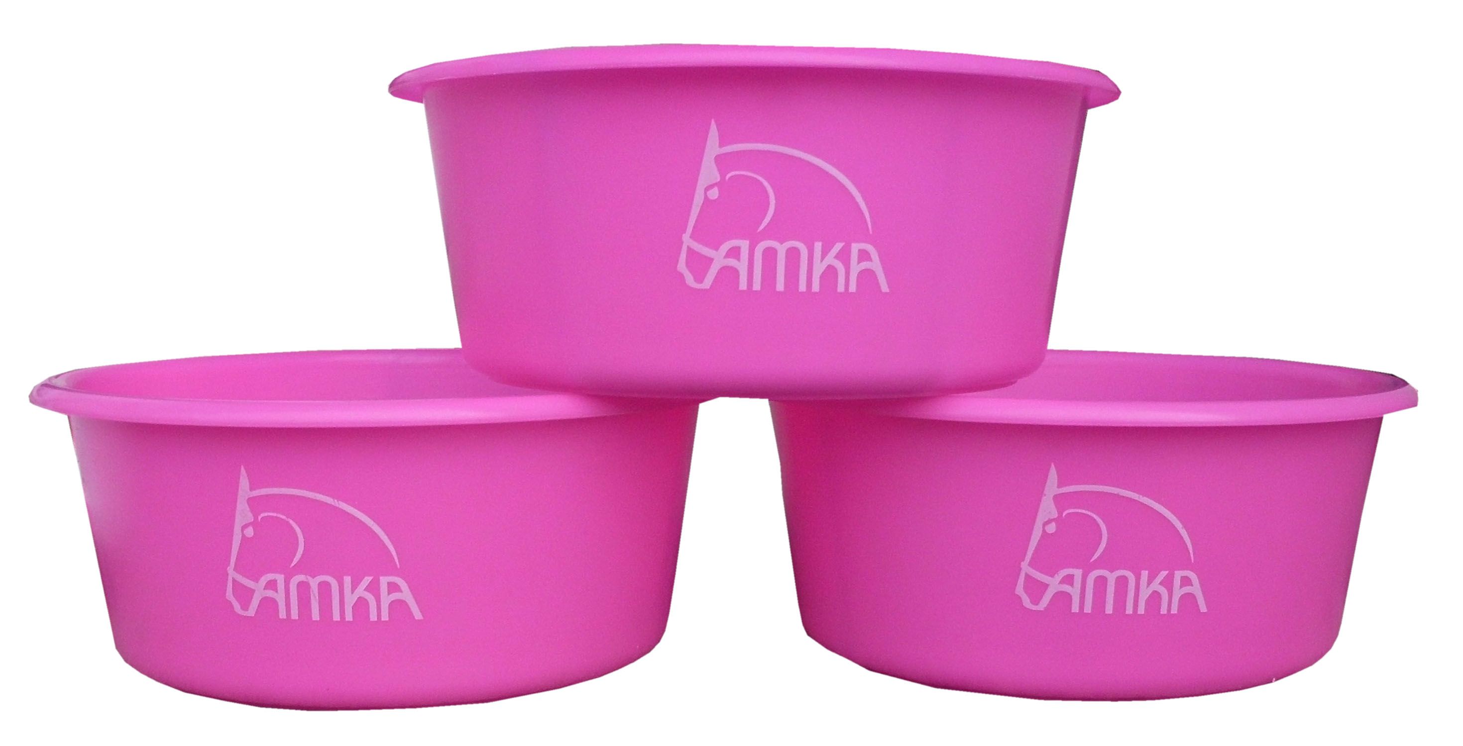 Drei pinke Futterschalen ohne Deckel, übereinander gestapelt. Mit weißem AMKA-Logo und Pferde-Silhouette.