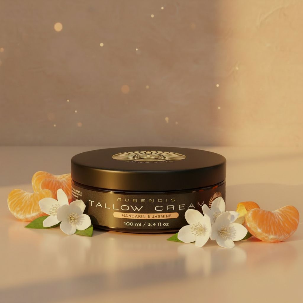 Tiegel Tallow Creme, Mandarinen und Jasminblüten. Text: Mandarin & Jasmine, 100 ml / 3.4 fl oz.