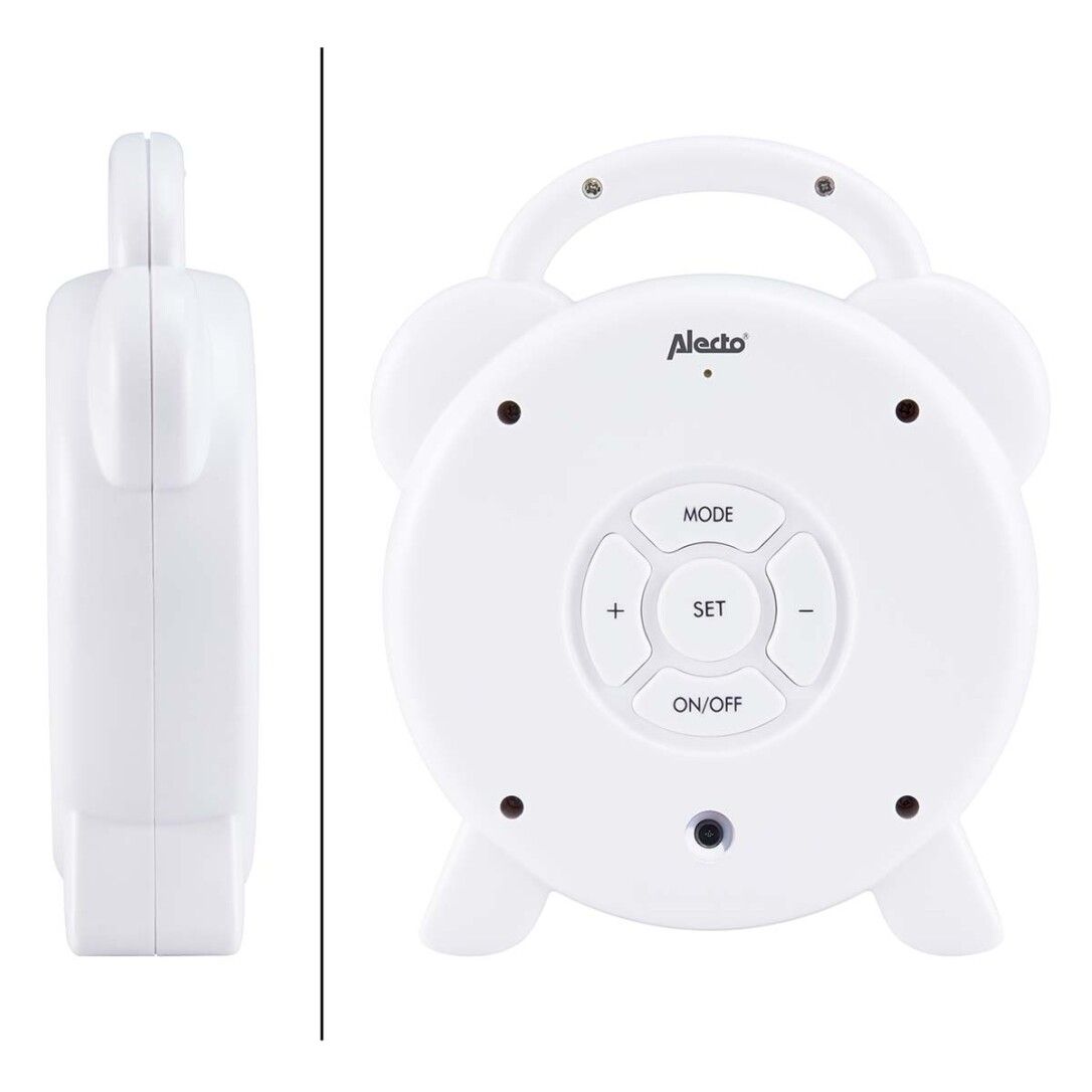 Weißer Wecker. Rückseite mit Knöpfen: MODE, +, SET, ON/OFF. Alecto-Logo. Seitenansicht.