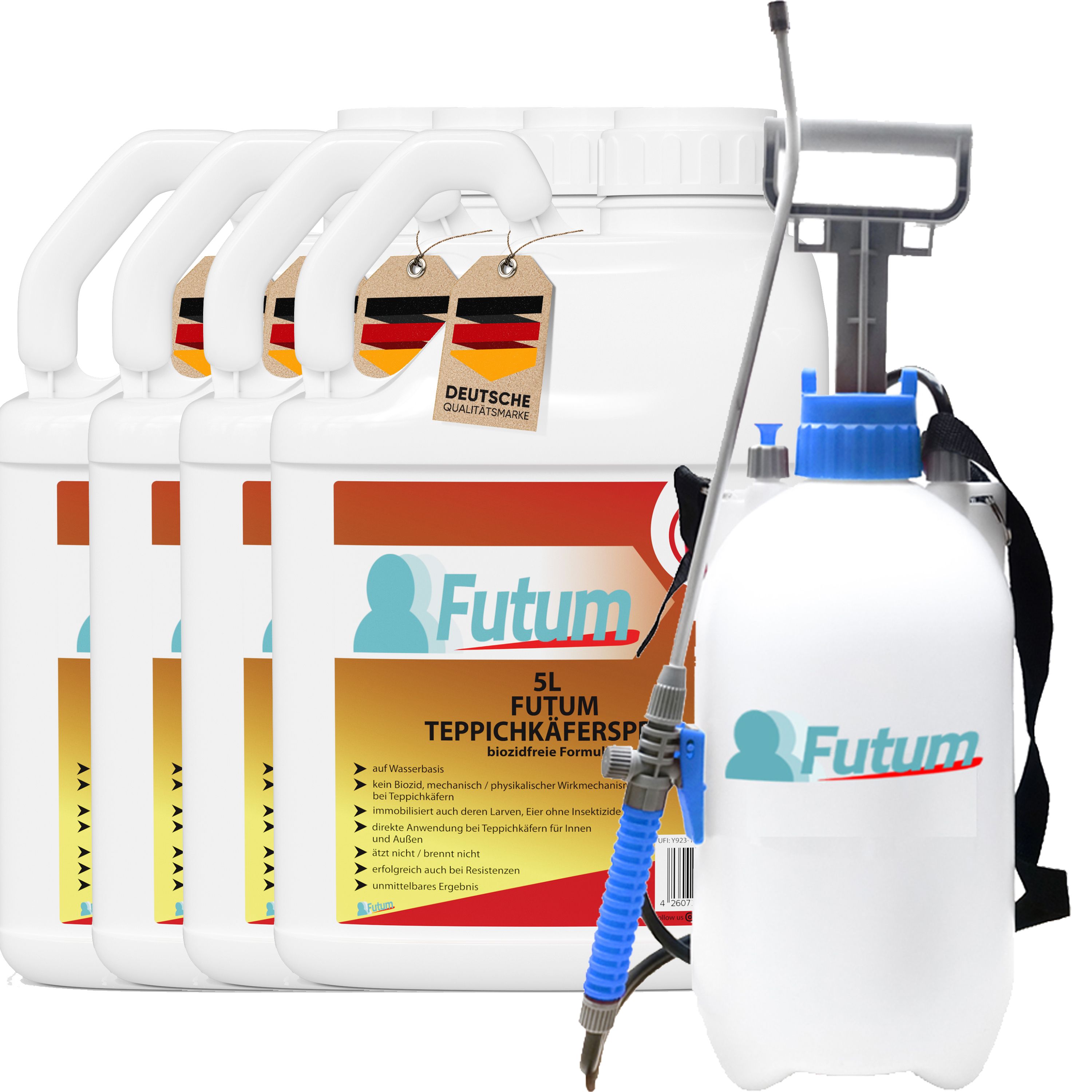 FUTUM Teppichkäferspray, 4 Kanister, 5L Sprüher. Weiße Kanister mit Griffen, Etiketten, deutsche Qualitätsmarke. Blauer Sprüher.