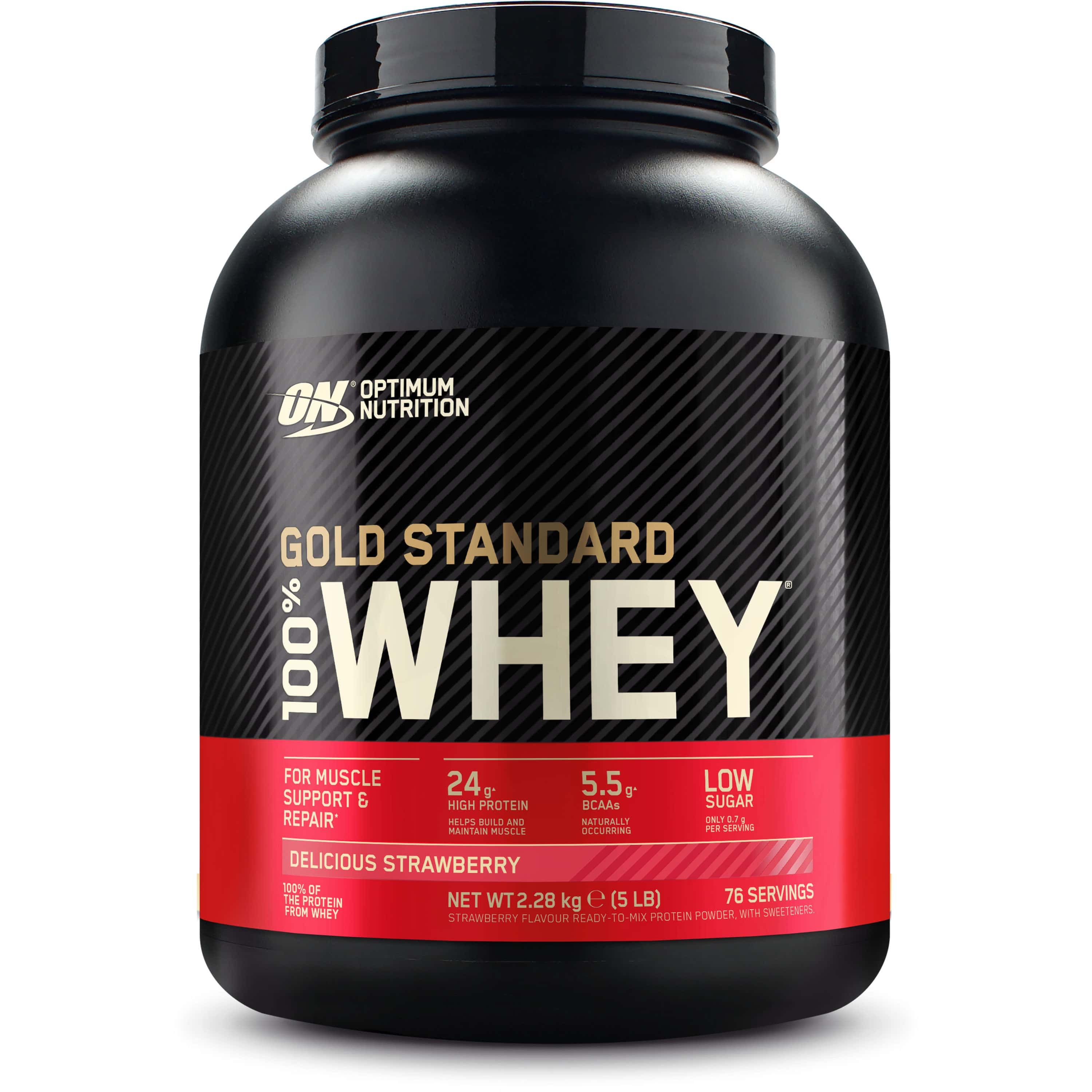 Schwarze Dose mit rotem Etikett. Aufschrift: Gold Standard 100% Whey. Delicious Strawberry. 24g Protein, 5.5g BCAAs.