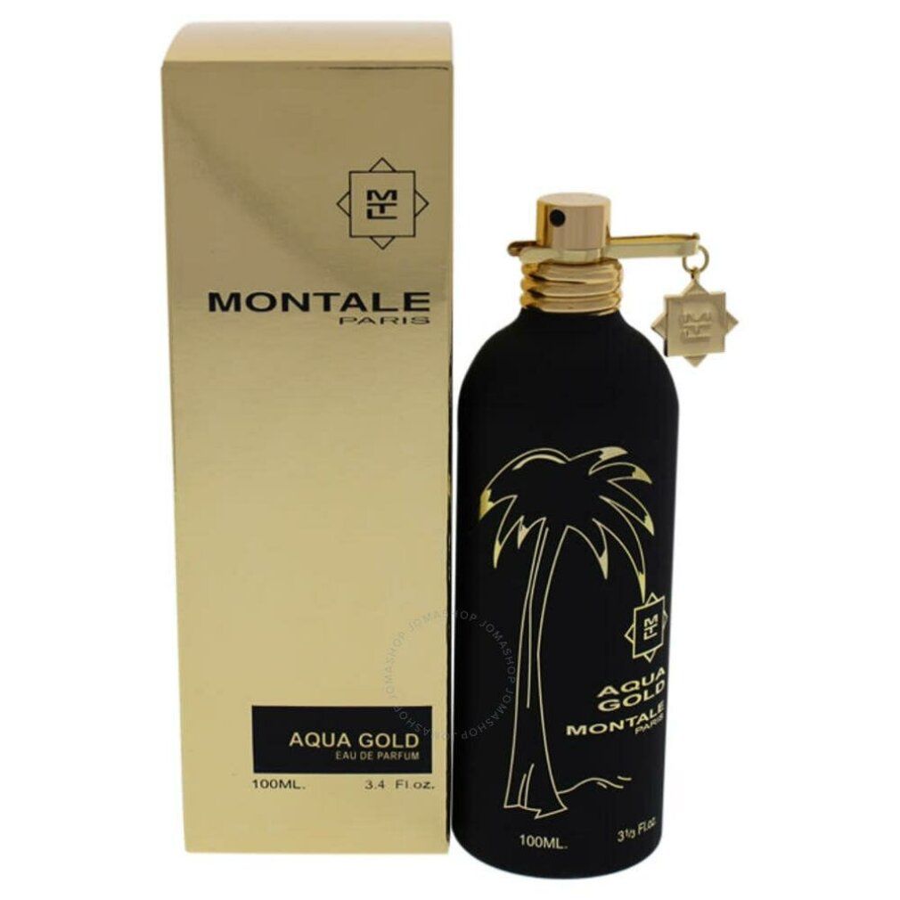 Schwarze Parfümflasche mit goldener Aufschrift und goldener Verpackung. Aufschrift: Montale Aqua Gold Eau de Parfum.
