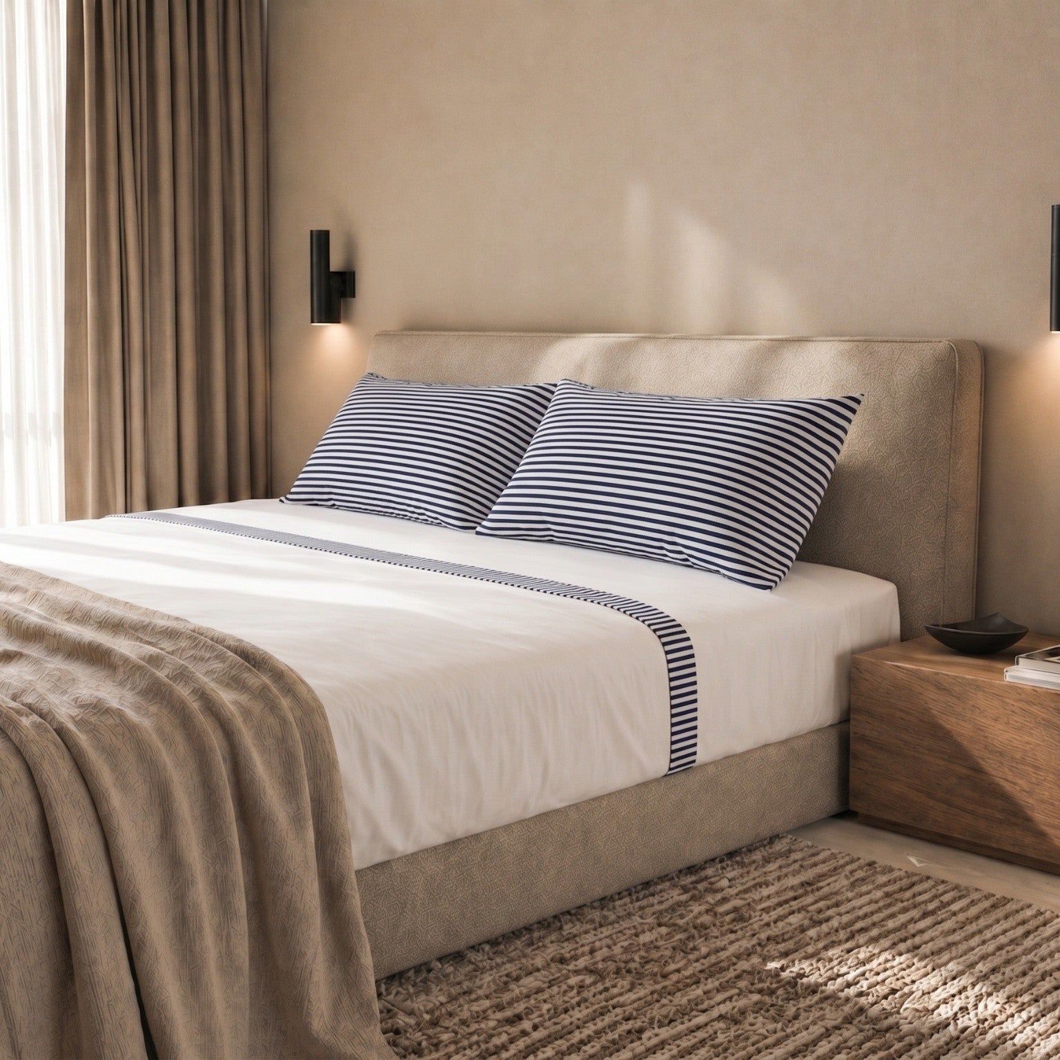 Ein Bett mit gestreifter Bettwäsche, Kissen und einer Decke.
