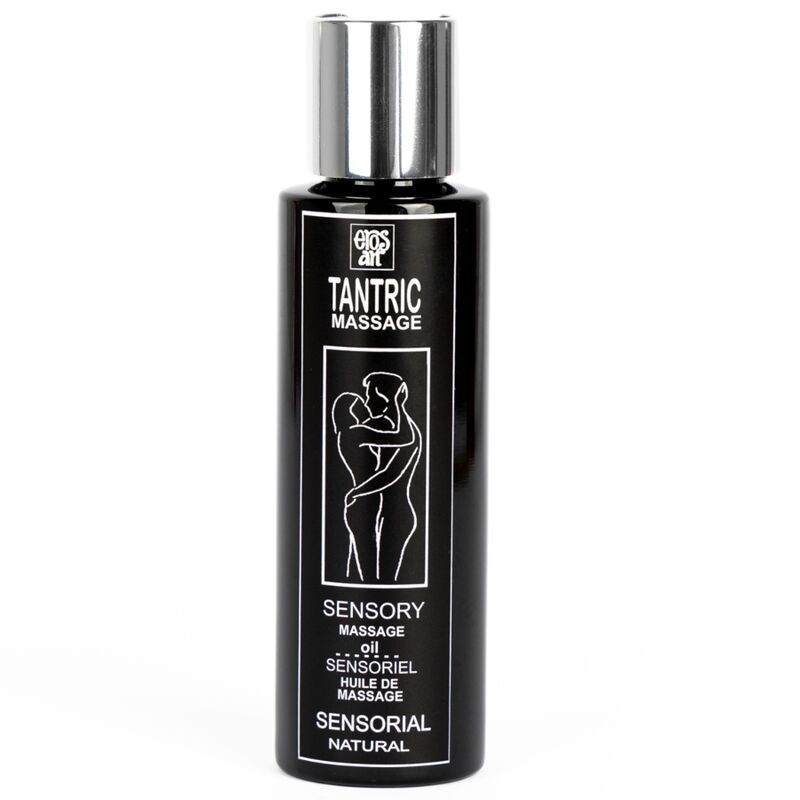 Schwarze Flasche mit silbernem Deckel. Aufschrift: Tantric Massage, Sensory Massage Oil. Abbildung zweier Personen.