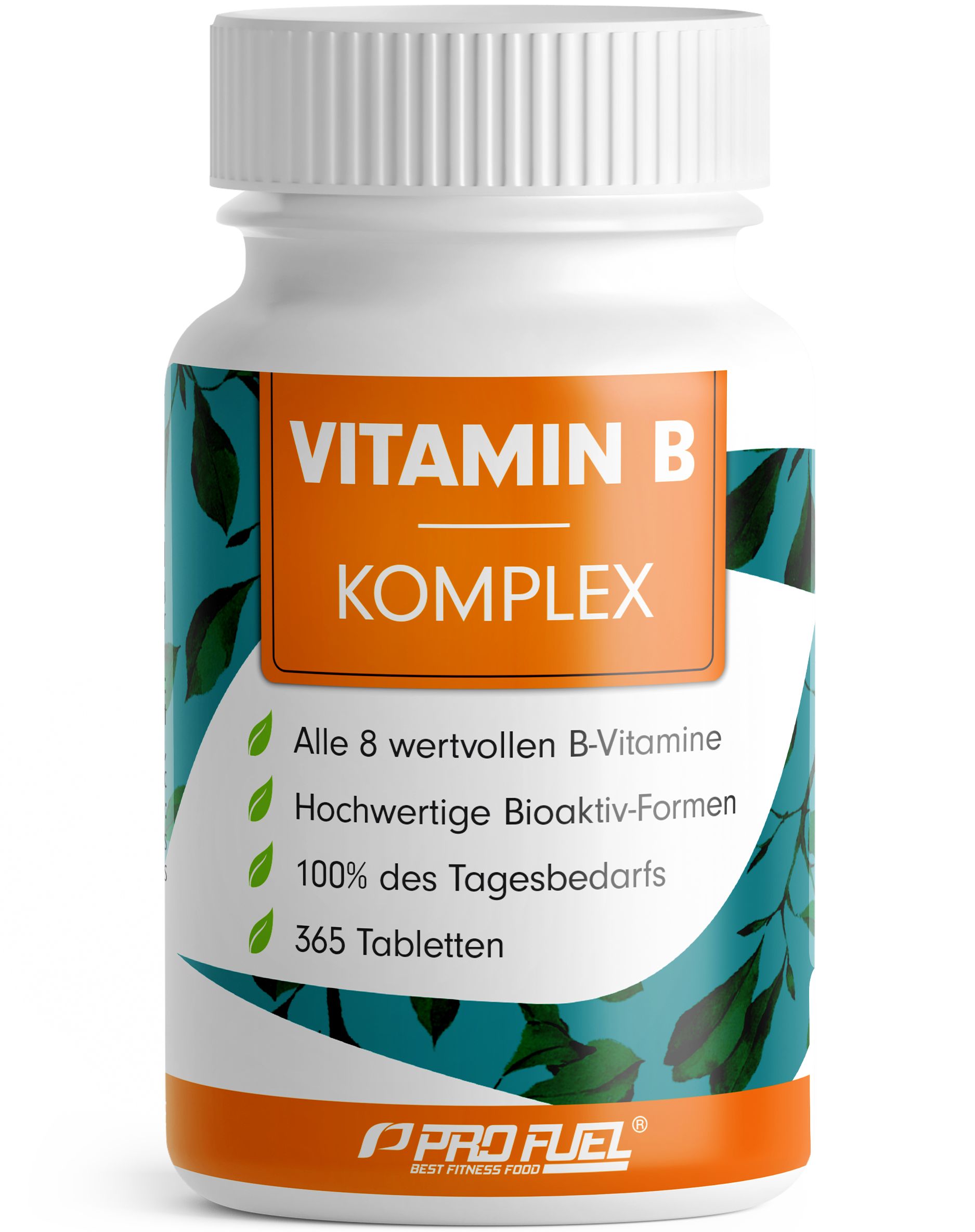 Weiße Flasche mit orangefarbenem Etikett. Aufschrift: VITAMIN B KOMPLEX. Enthält 365 Tabletten. Grün-blaue Blätter als Designelement.