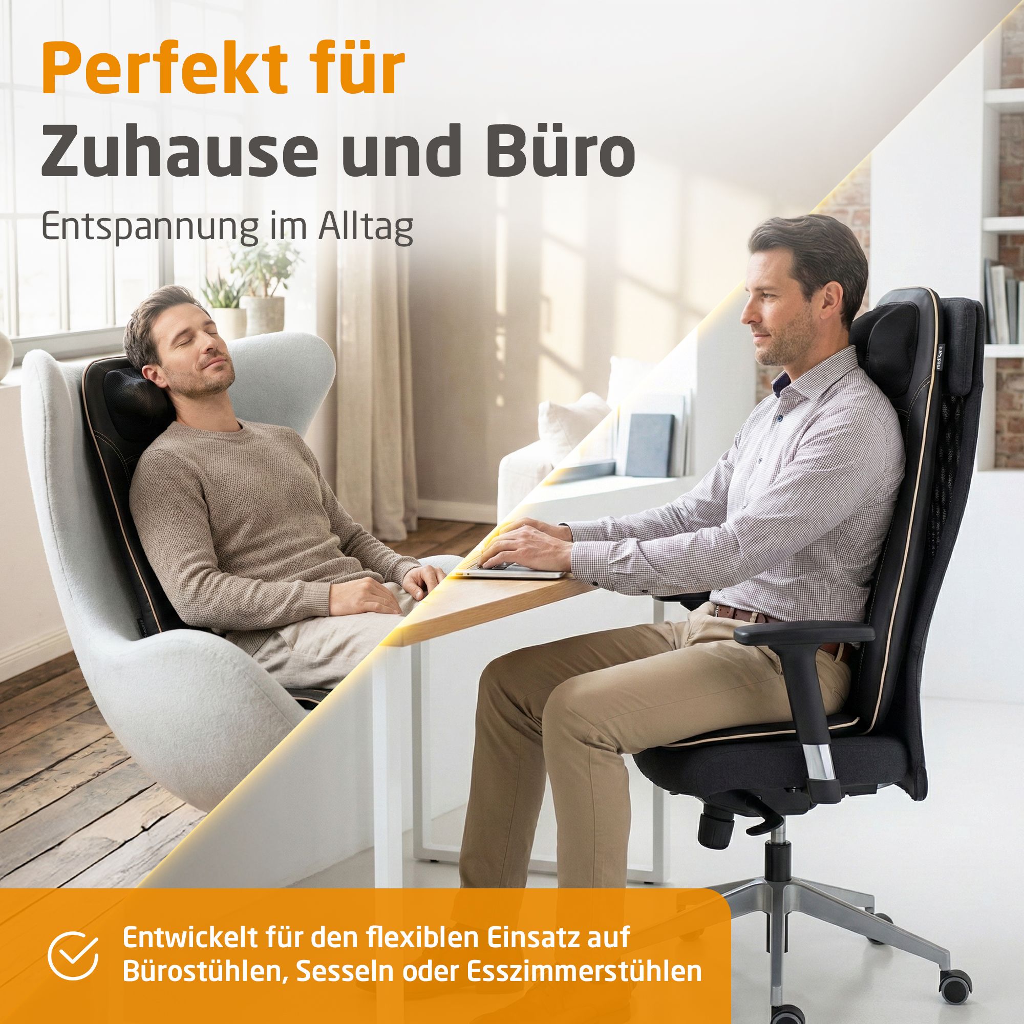 Zwei Männer nutzen Massagematte: einer entspannt, einer am Schreibtisch.