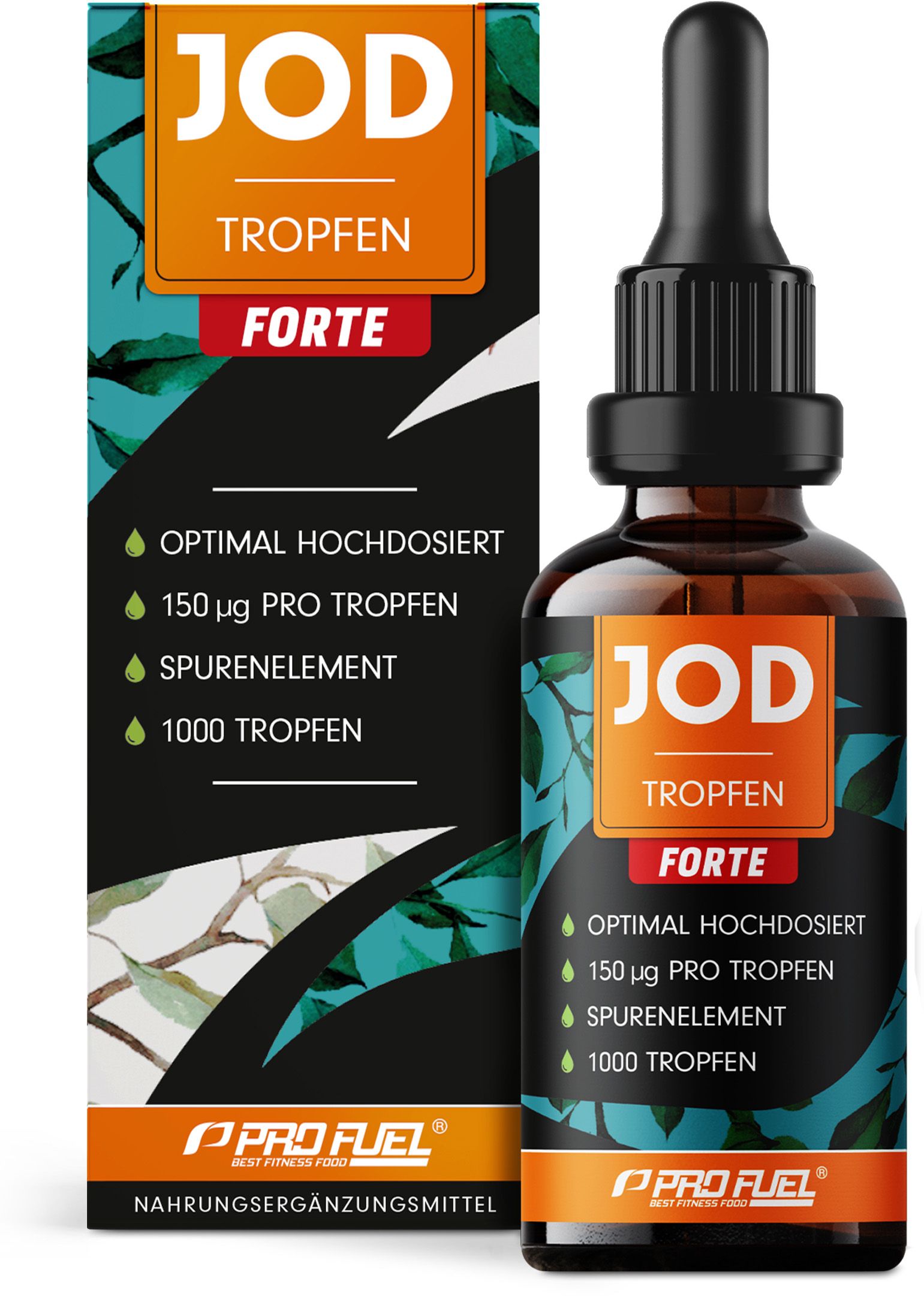 Braune Glasflasche mit Tropfer und Verpackung. Aufschrift: Jod Tropfen Forte, 150 µg pro Tropfen, Spurenelement, 1000 Tropfen.