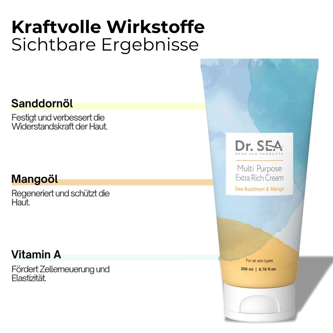 Tube DR. SEA Multi Purpose Extra Rich Cream, Mango. Text mit Inhaltsstoffen: Sanddornöl, Mangoöl, Vitamin A.