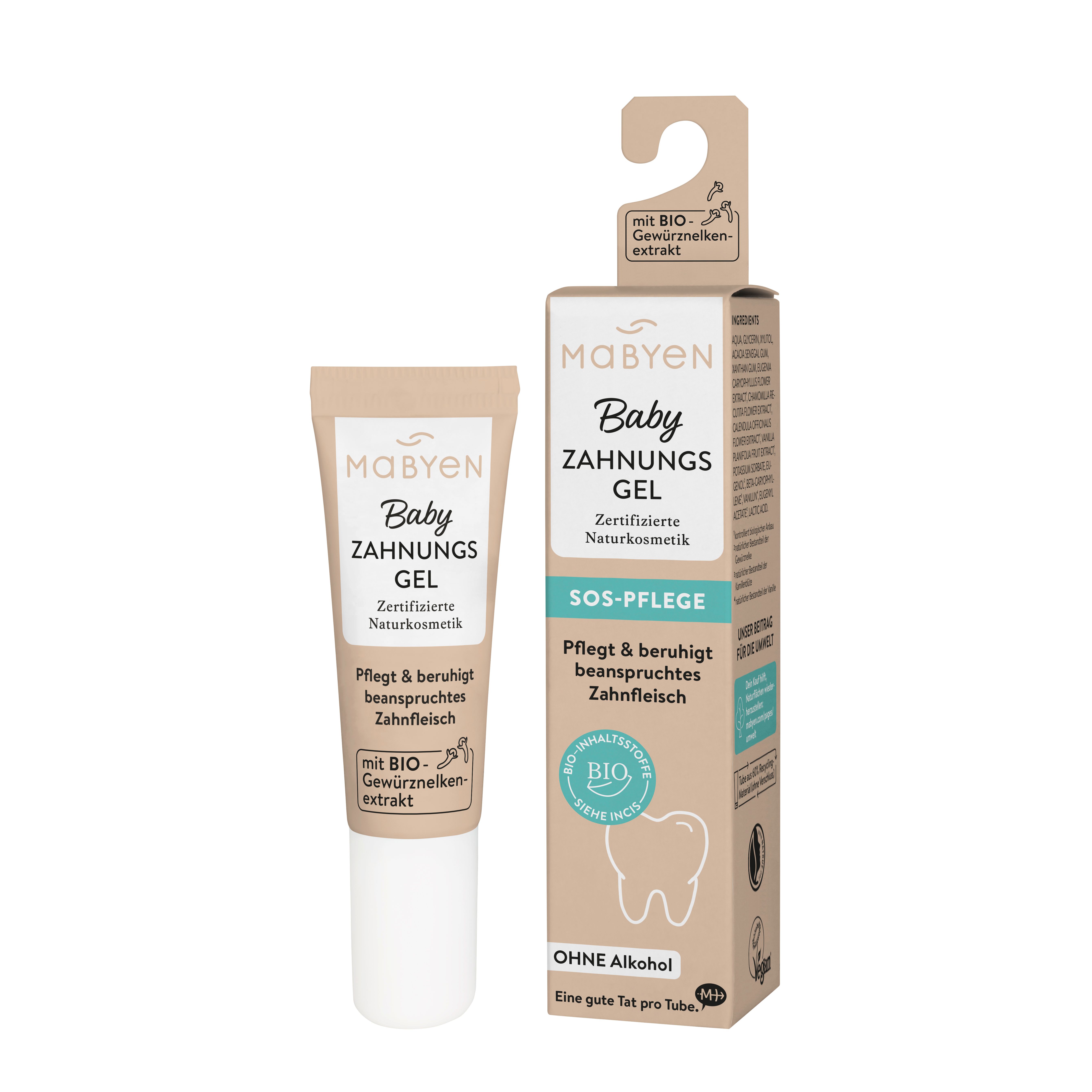 Zahnungsgel-Tube und Verpackung. Beige Tube mit weißem Verschluss. Verpackung mit Produktnamen und Logo. Bio-Zertifizierung.