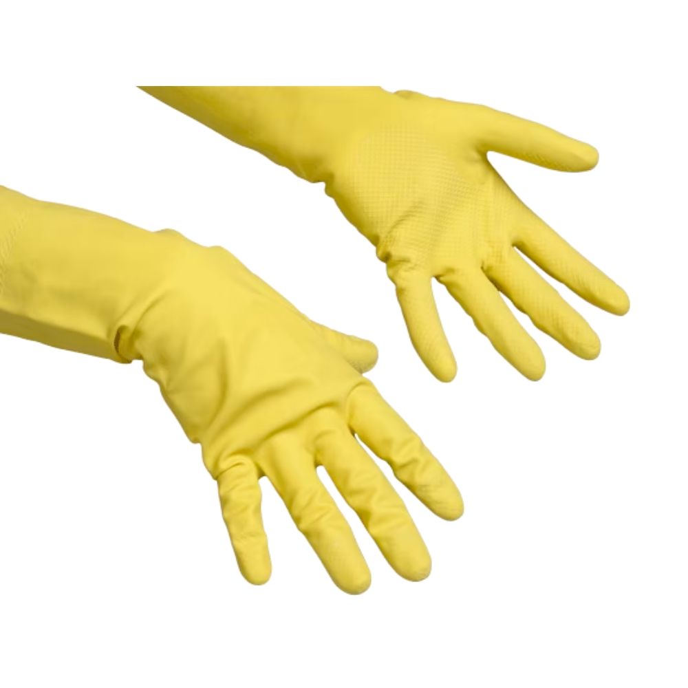 Zwei gelbe Gummihandschuhe, die auf weißem Hintergrund liegen. Die Handschuhe sind aus Gummi gefertigt und haben eine strukturierte Oberfläche.