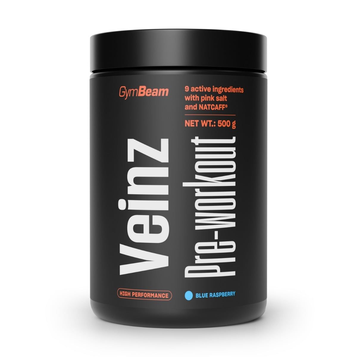 GymBeam Veinz Pre-Workout Koffein-Pulver in blau-himbeerfarbener Dose, 500g.