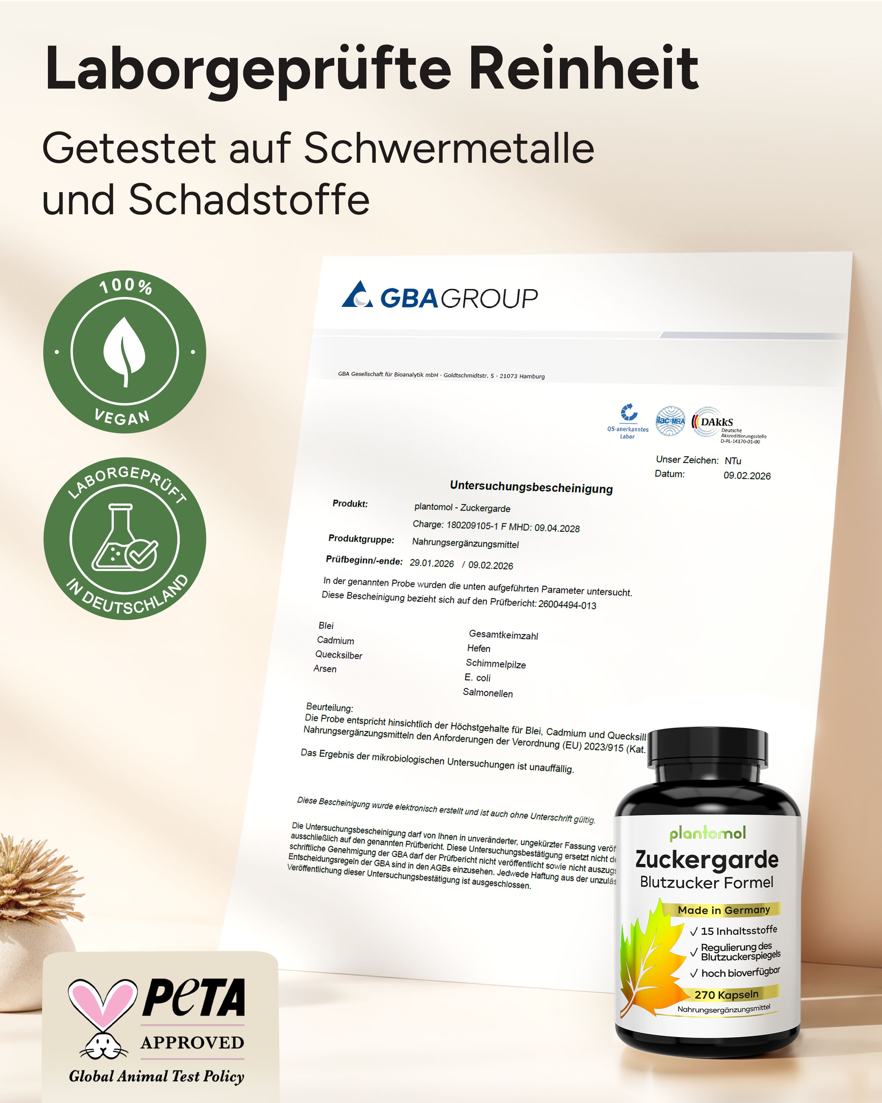 Laborgeprüfte Reinheit. Vegan, Laborgeprüft in Deutschland. PETA-Logo. Flasche mit Kapseln.