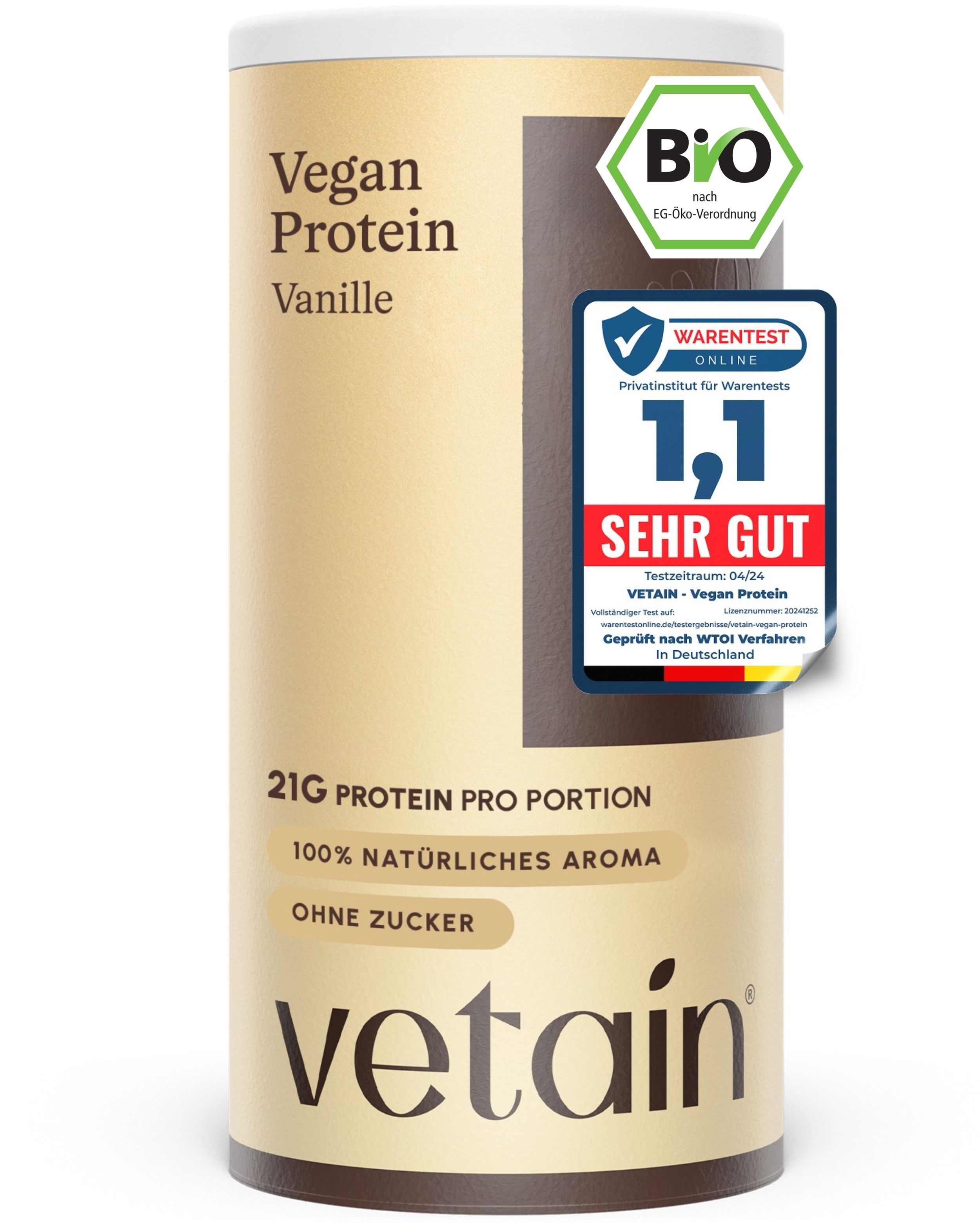 VETAIN Vegan Protein Vanille Dose mit Bio-Siegel und Auszeichnung "Sehr Gut".