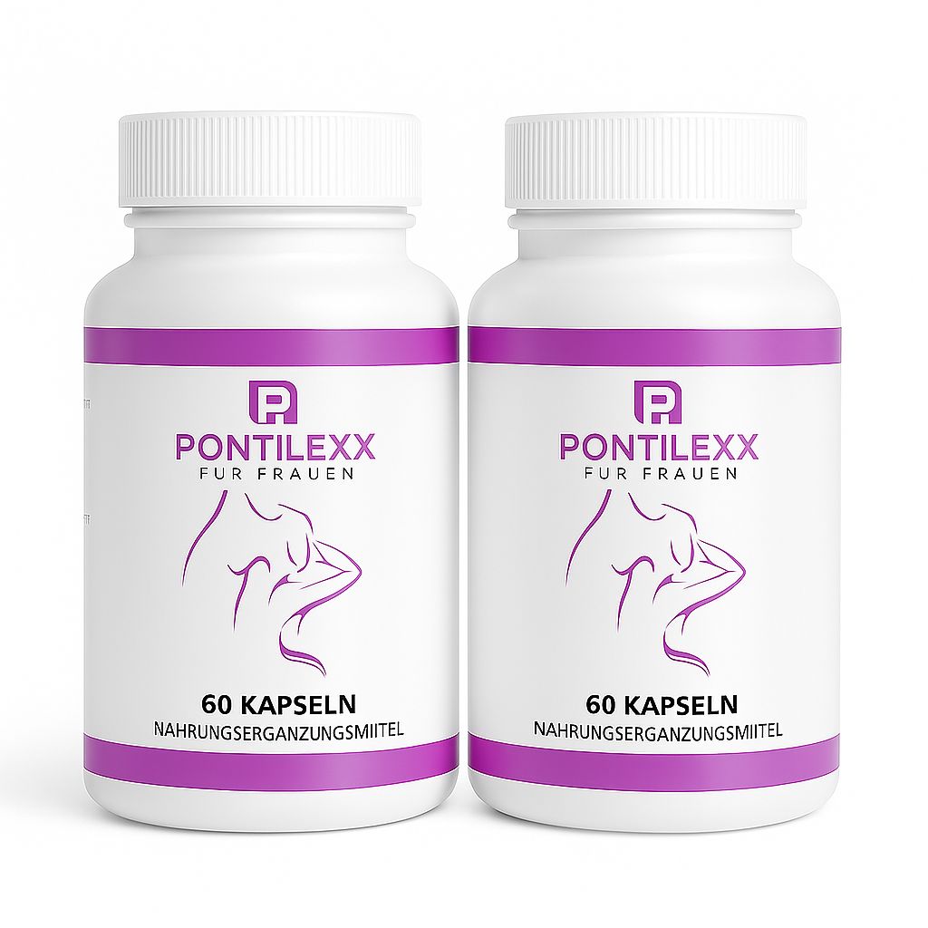Zwei weiße Flaschen mit lila Etiketten. Aufschrift: Pontilexx für Frauen, 60 Kapseln, Nahrungsergänzungsmittel. Abbildung einer Frau.