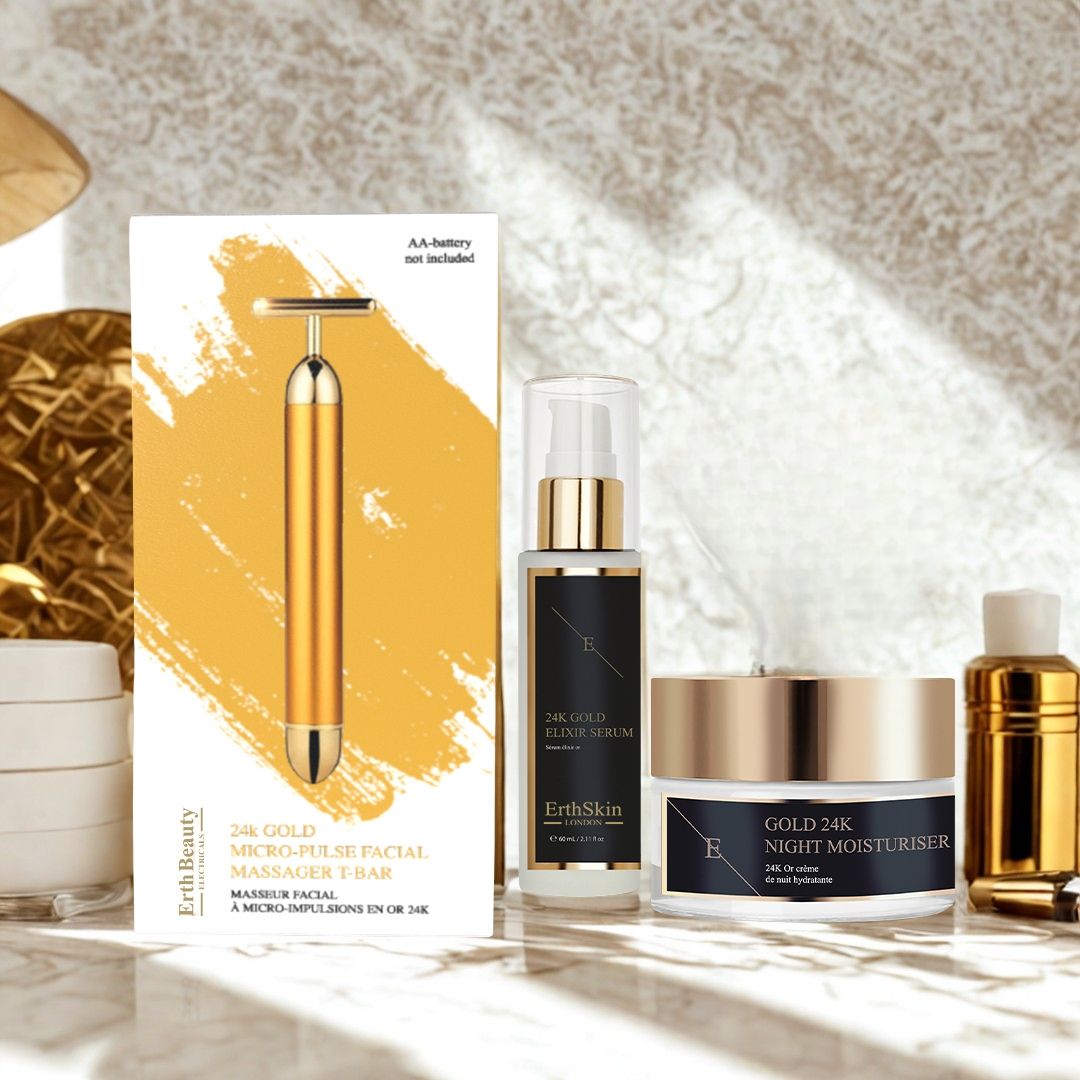 ErthSkin London Set. 24K T-Stab-Massagegerät, Serum und Creme. Goldfarbenes Massagegerät, Serumflasche und Cremetiegel. Zusätzliche Flasche.