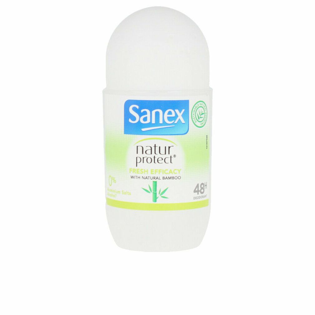 Roll-on-Deodorant von Sanex Natur Protect. Weißes Gehäuse mit grünen und blauen Akzenten. Enthält Bambus. 48 Stunden Schutz.