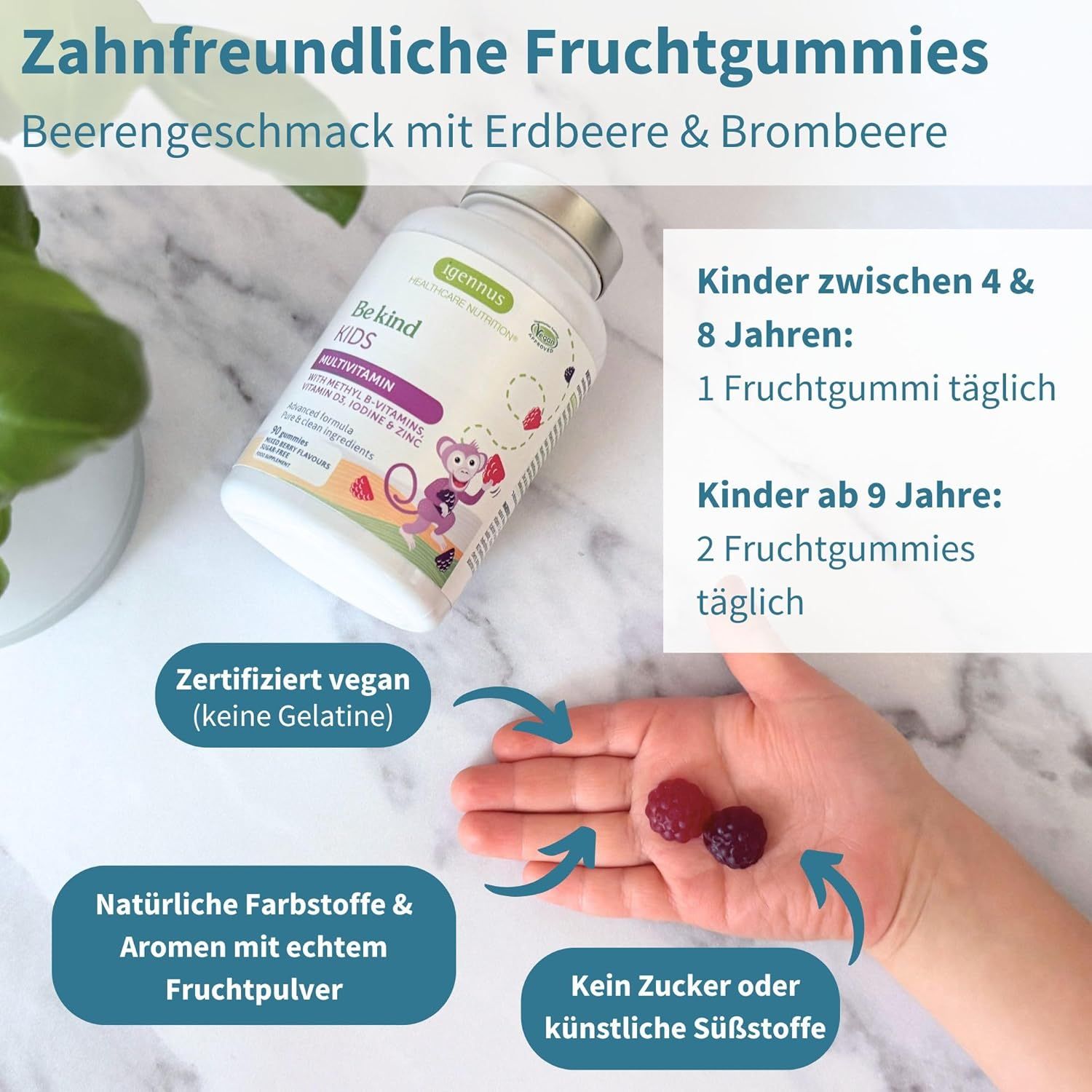 Zahnfreundliche Beeren-Multivitamin Gummis: Hinweise zu Zucker, Farbe, Aroma.