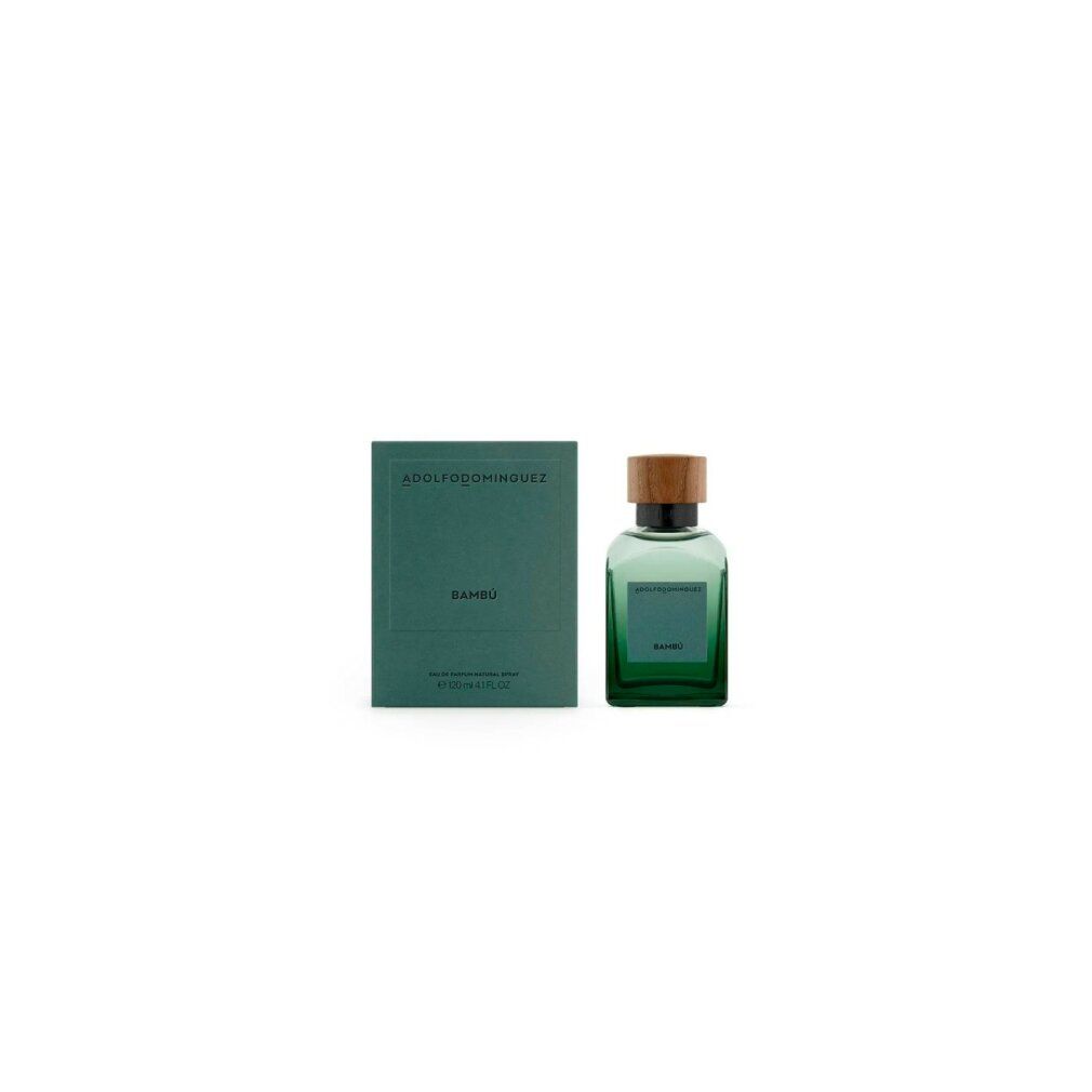 Grüne rechteckige Flasche und Schachtel. Auf der Schachtel steht "Bambú". Flasche mit Holzdeckel. Marke ADOLFO DOMINGUEZ.
