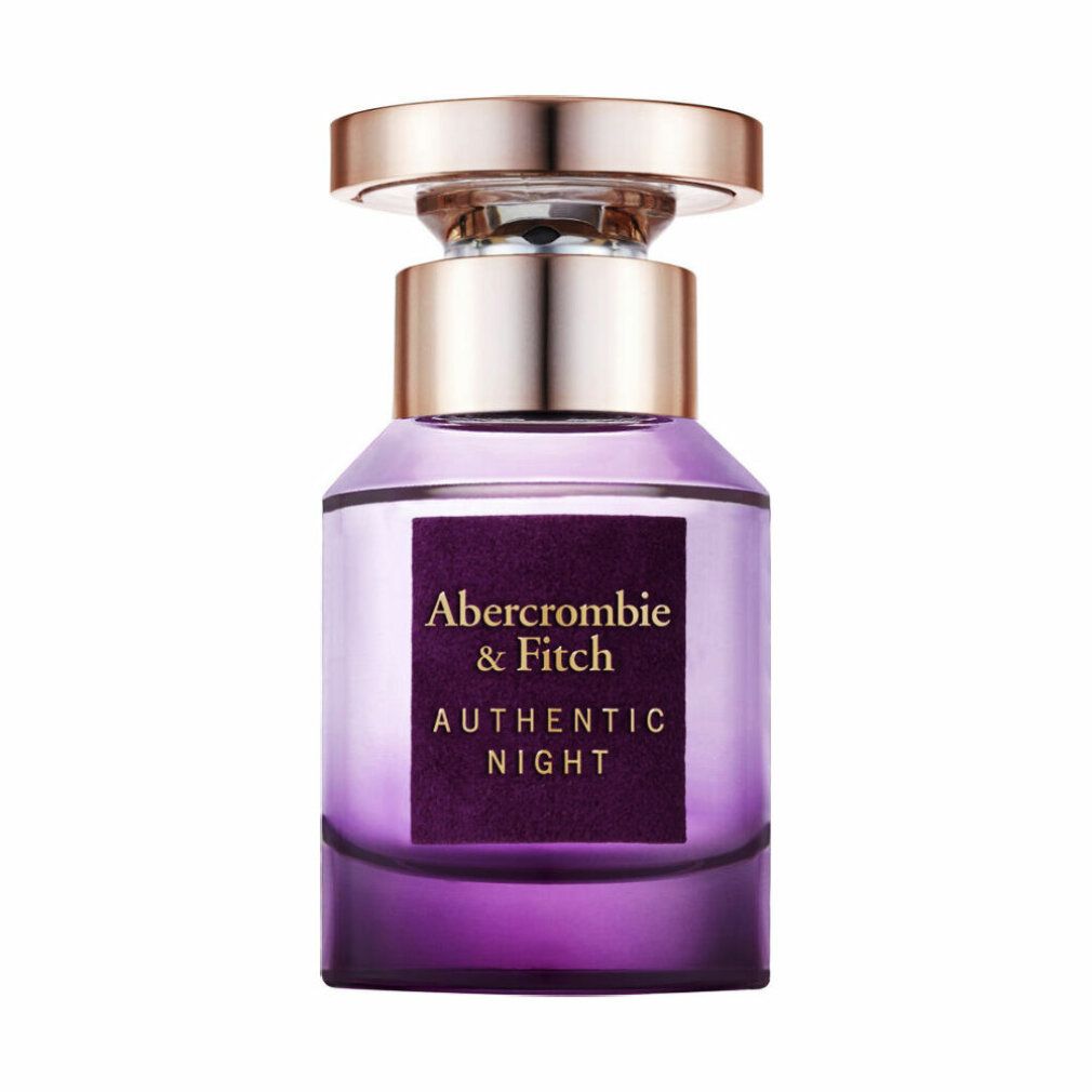 Violett-farbener Flakon mit goldfarbenem Verschluss. Auf dem Etikett steht "Abercrombie & Fitch Authentic Night".