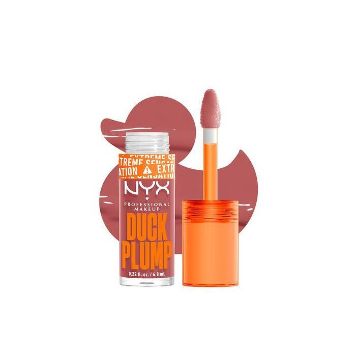 Lippen-Gloss mit Applikator. Orangefarbener Deckel, transparente Flasche mit orangefarbener Schrift. Marke NYX, Produktname DUCK PLUMP.