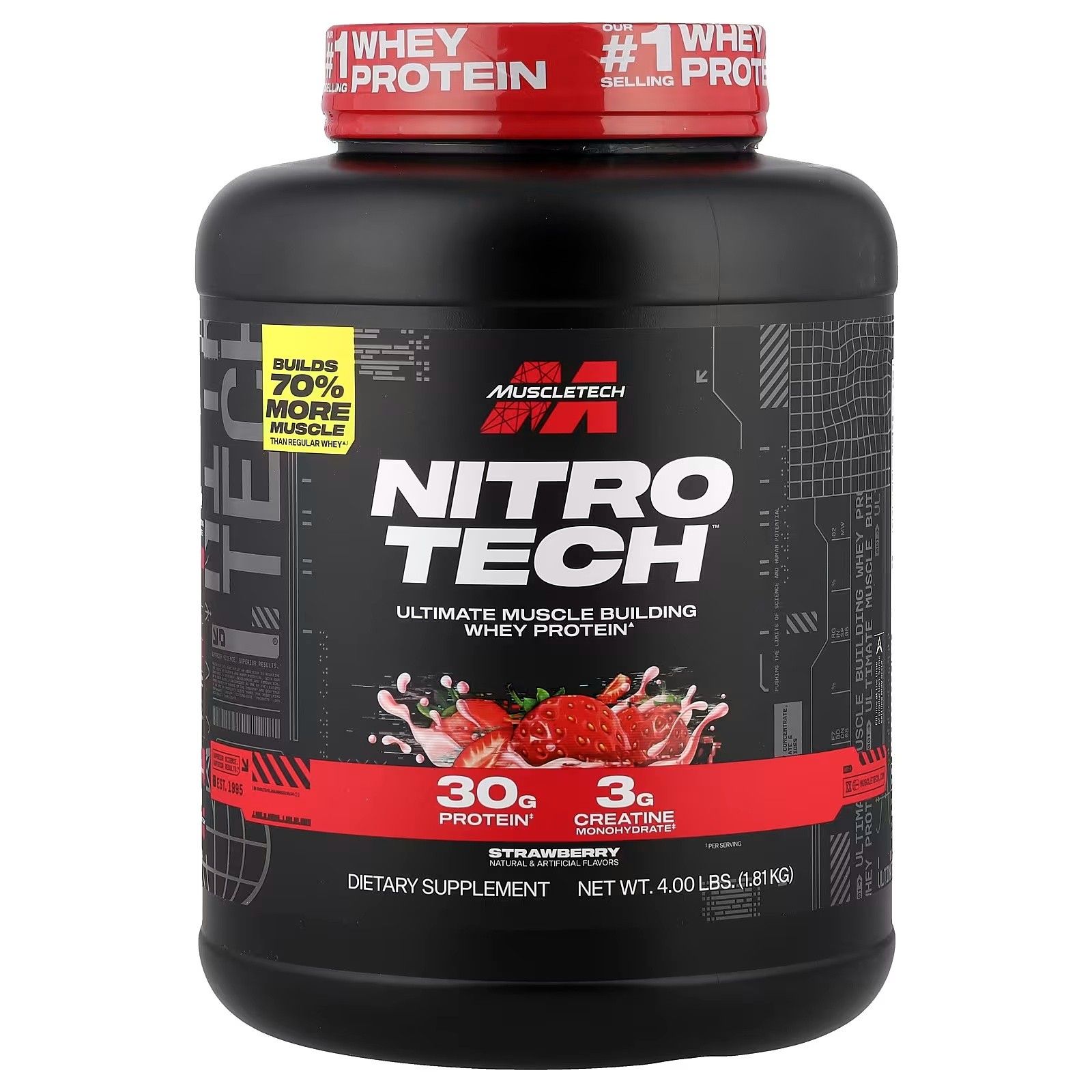 Schwarze Dose mit rotem Deckel. Aufschrift NITRO TECH, 30g Protein, Erdbeere. Diätetisches Ergänzungsmittel.