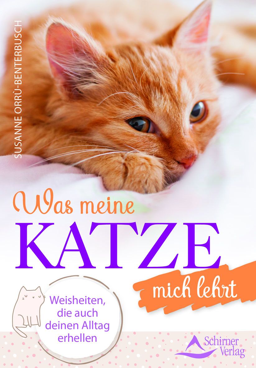 Buchcover mit orangefarbener Katze. Titel: Was meine Katze mich lehrt. Autorin: Susanne Orrù-Benterbusch. Verlag: Schirner Verlag.