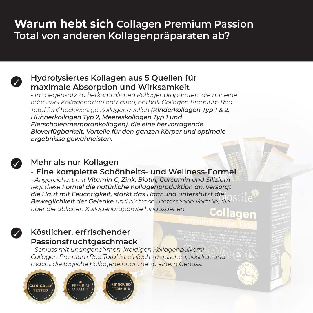 Biostile Collagen Premium Passion Total. Vorteile: 5 Kollagenquellen, mehr als nur Kollagen, Geschmack.