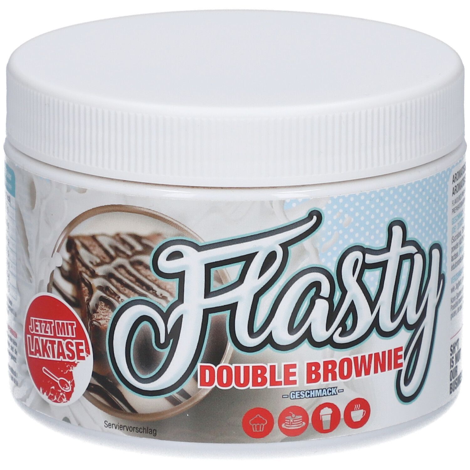 Weißes, rundes Gefäß mit Deckel. Aufschrift "Flasty Double Brownie Geschmack". "Jetzt mit Laktase" Aufkleber. Produktname: Flasty.