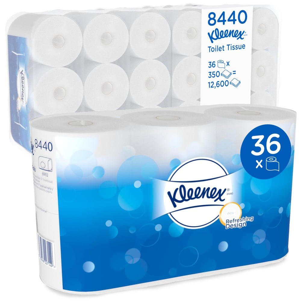 Kleenex Toilettenpapier-Packung. Enthält 36 Rollen. Blaue Verpackung mit weißem Papier. Aufschrift: 8440, Kleenex, Toilet Tissue.