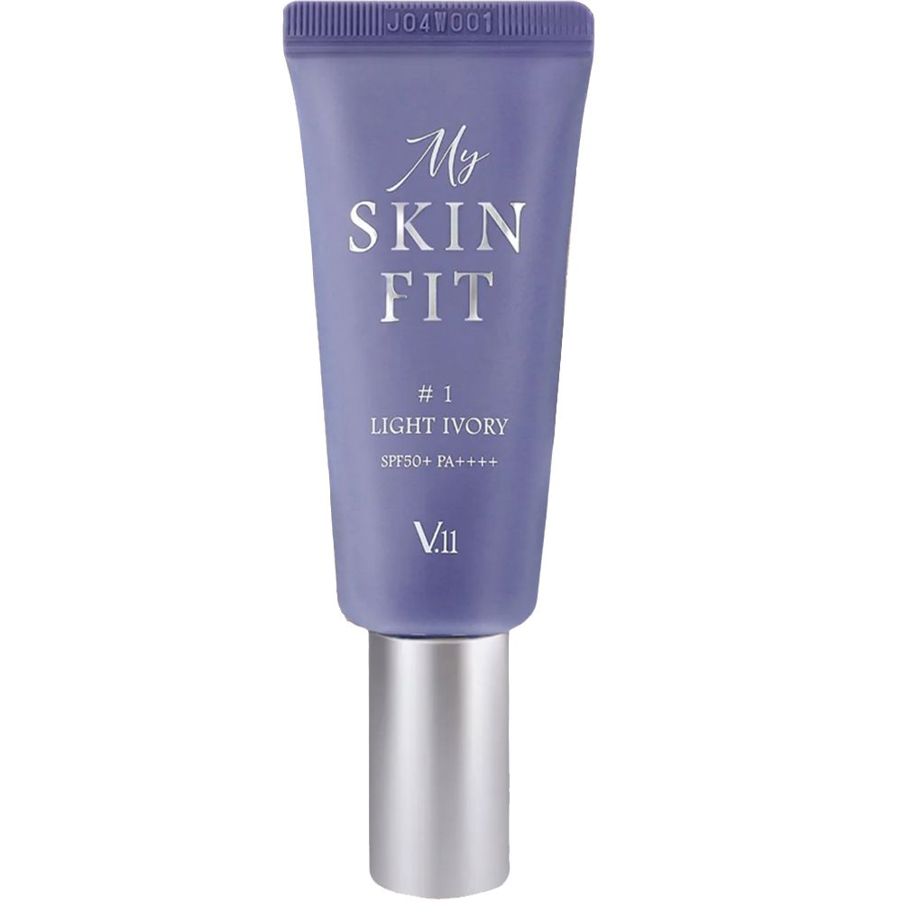 Lila Tube mit Aufschrift "My Skin Fit", Farbton #1 Light Ivory, SPF 50+ PA++++. Silberne Kappe.