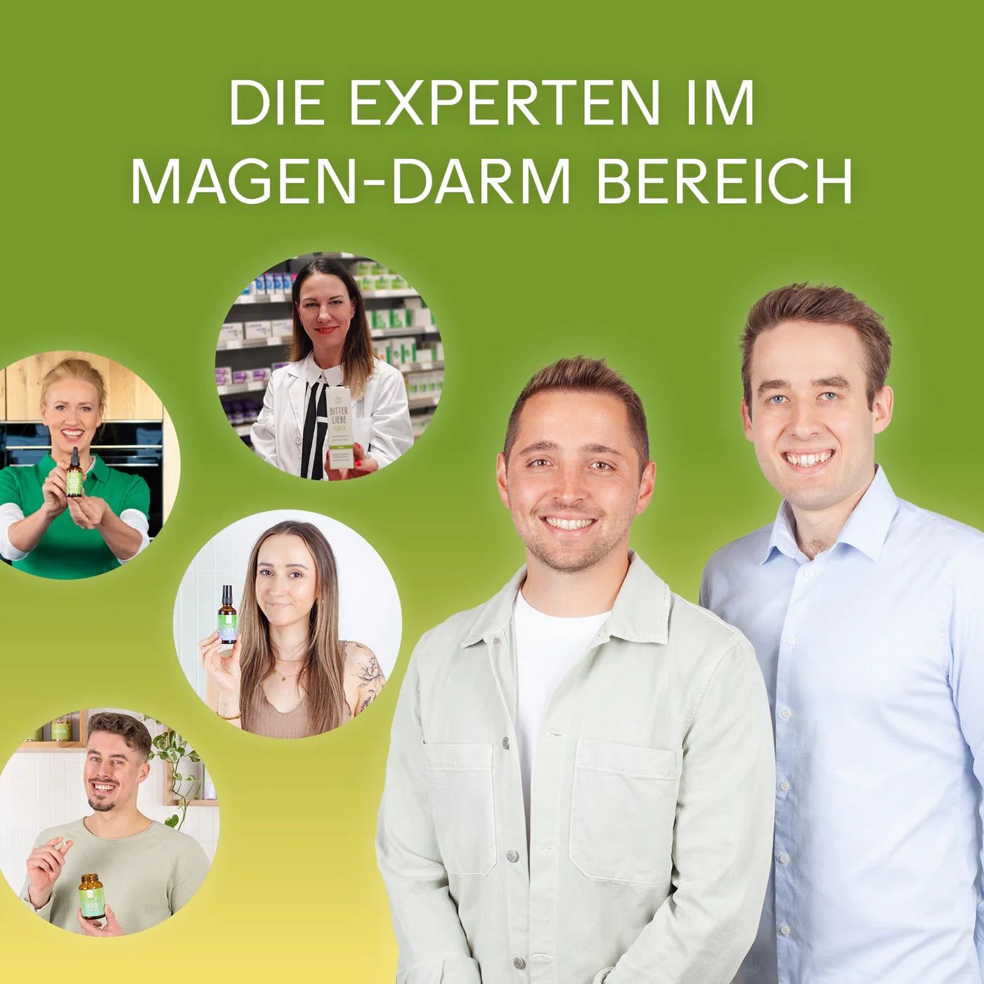 Mehrere Personen in Kreisen, halten Produkte. Text: Die Experten im Magen-Darm Bereich.