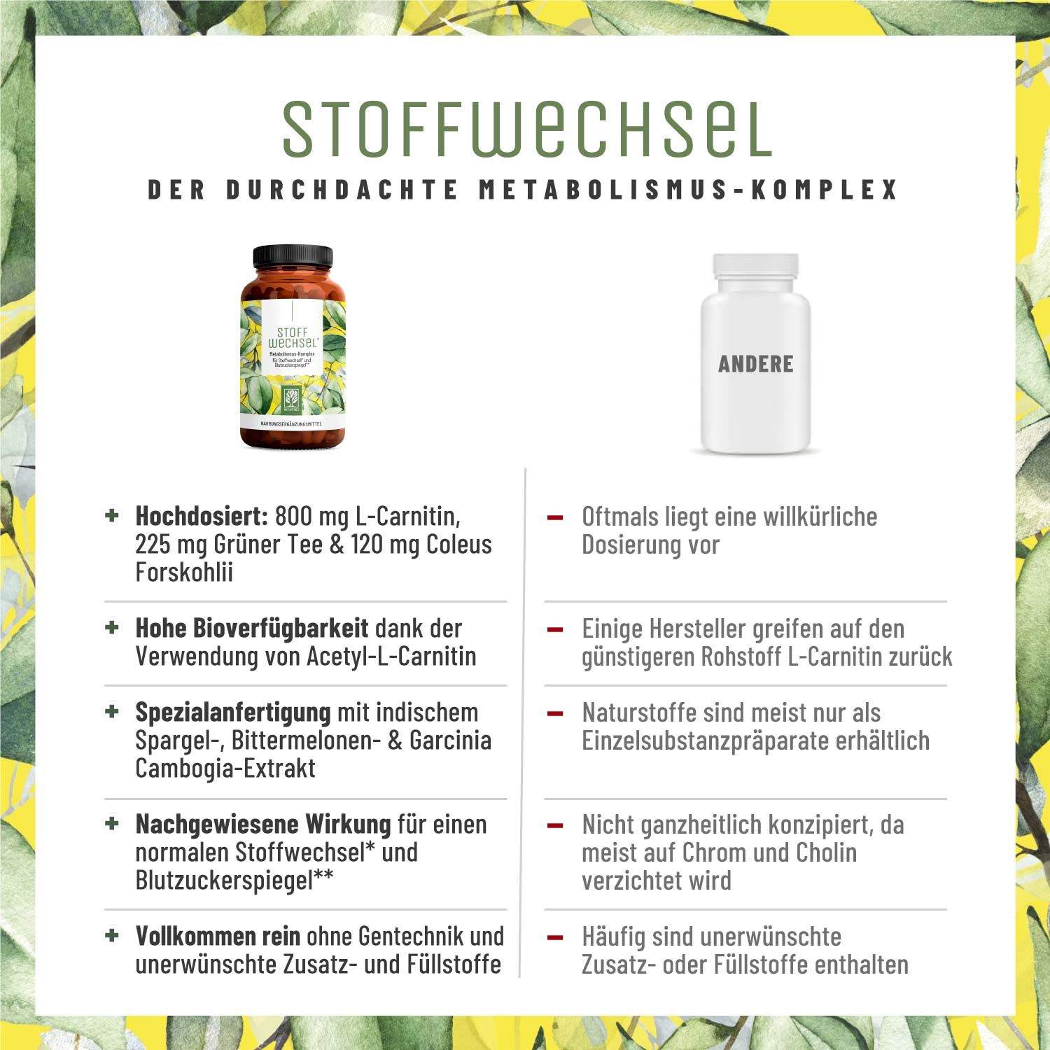 Infografik mit Produktvergleich. Vorteile des Produkts gegenüber anderen. Text: Stoffwechsel, durchdachter Komplex.