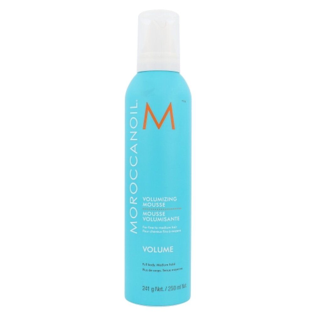 Türkisfarbene Flasche mit weißem Sprühkopf. Aufschrift: Moroccanoil, Volume Volumizing Mousse. 250 ml.