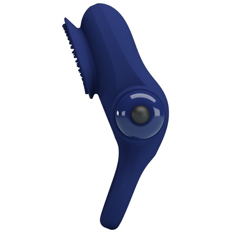 Blauer Penisring mit Vibration. Gebogene Form, Aufsatz mit Noppen und einem Knopf. CE-Kennzeichnung.