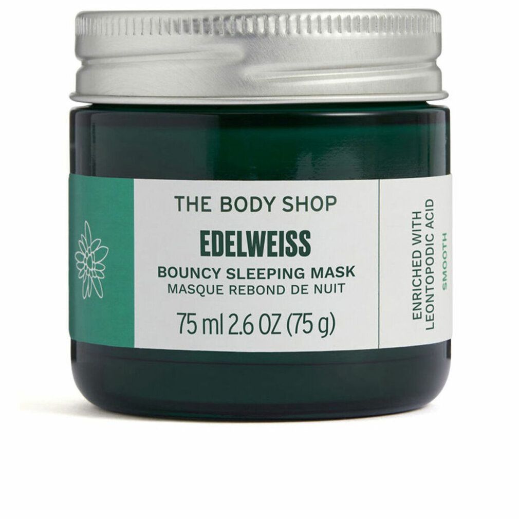 Grünes Glas mit silbernem Deckel. Aufschrift: Edelweiss Bouncy Sleeping Mask. 75 ml. Marke: The Body Shop.