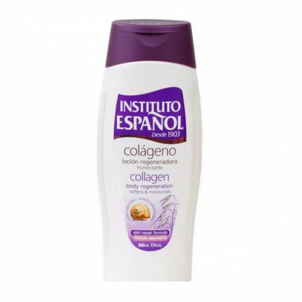 Weiß-lila Flasche Instituto Español Collagen Body Lotion. Text: Colágeno, body regeneration, skin repair formula. 500ml.