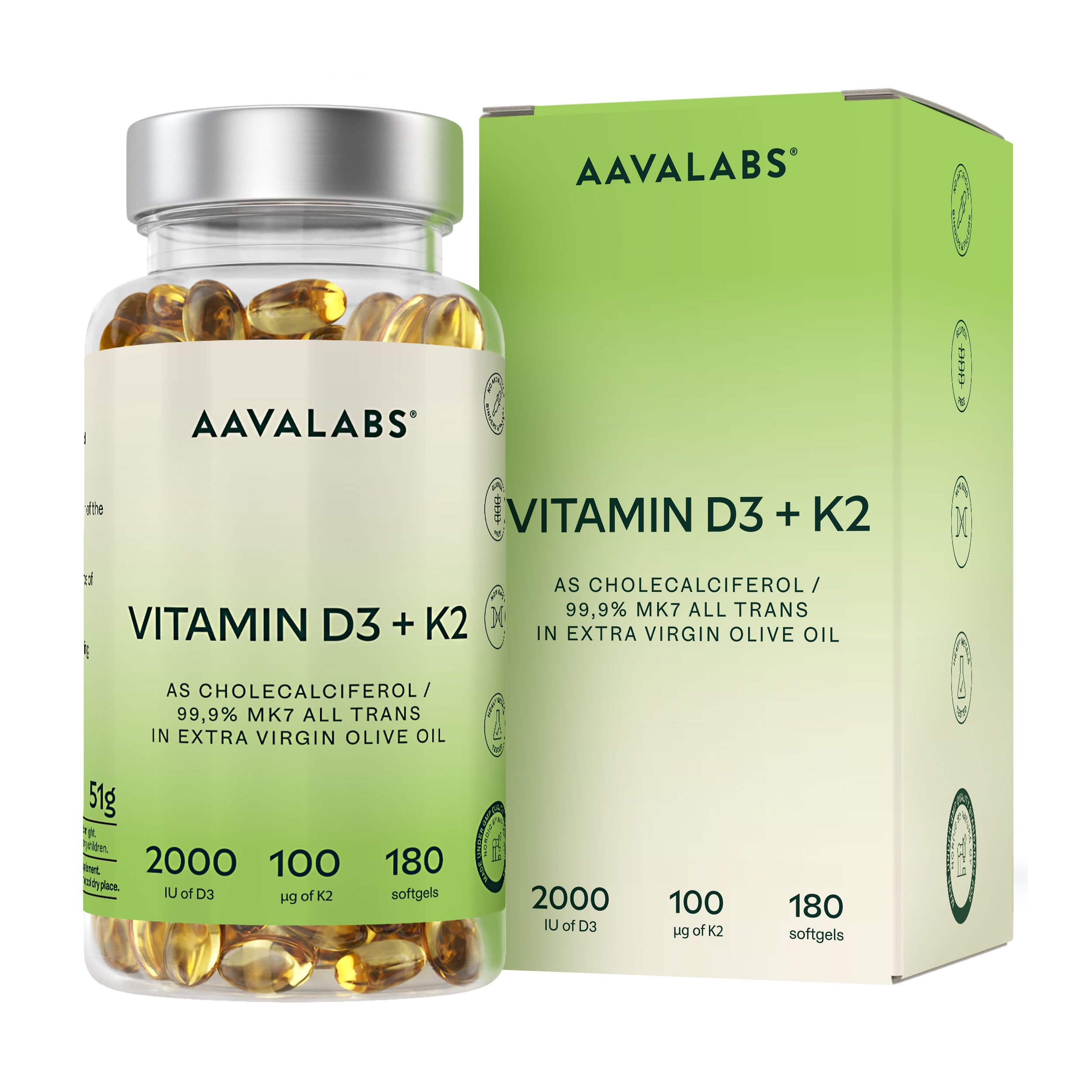Produktverpackung mit Kapselglas. AAVALABS, Vitamin D3 + K2. 2000 IE D3, 100 µg K2, 180 Softgels.