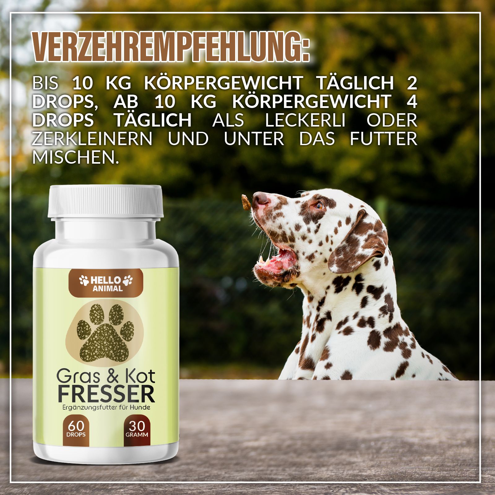 Flasche mit Etikett. Text: Verzehrempfehlung. Hund. 60 Drops, 30 Gramm. Aufschrift: Gras & Kotfresser.