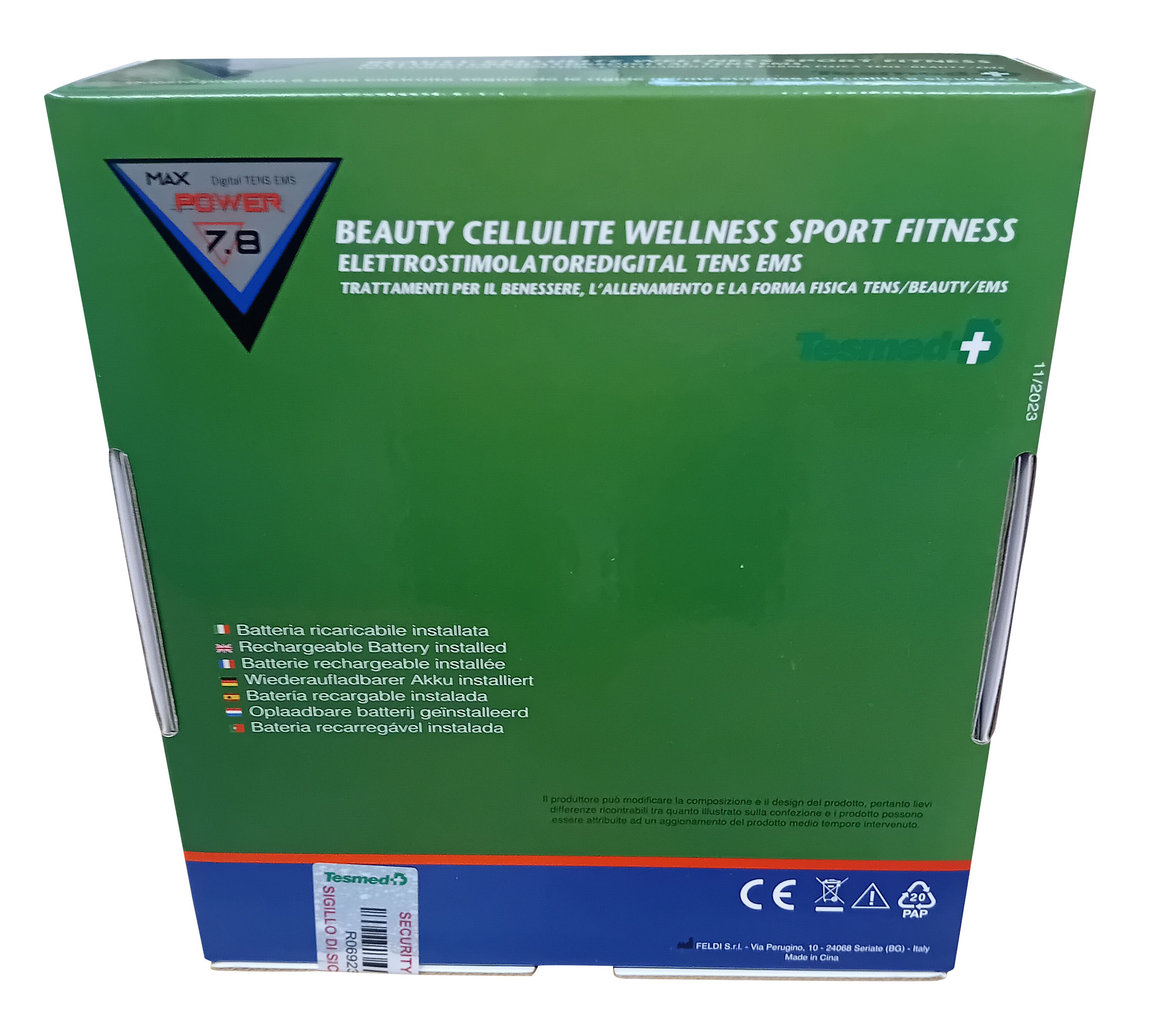 Grüne Verpackung, Rückseite. Text: "BEAUTY CELLULITE WELLNESS SPORT FITNESS". Enthält Informationen über Akku.