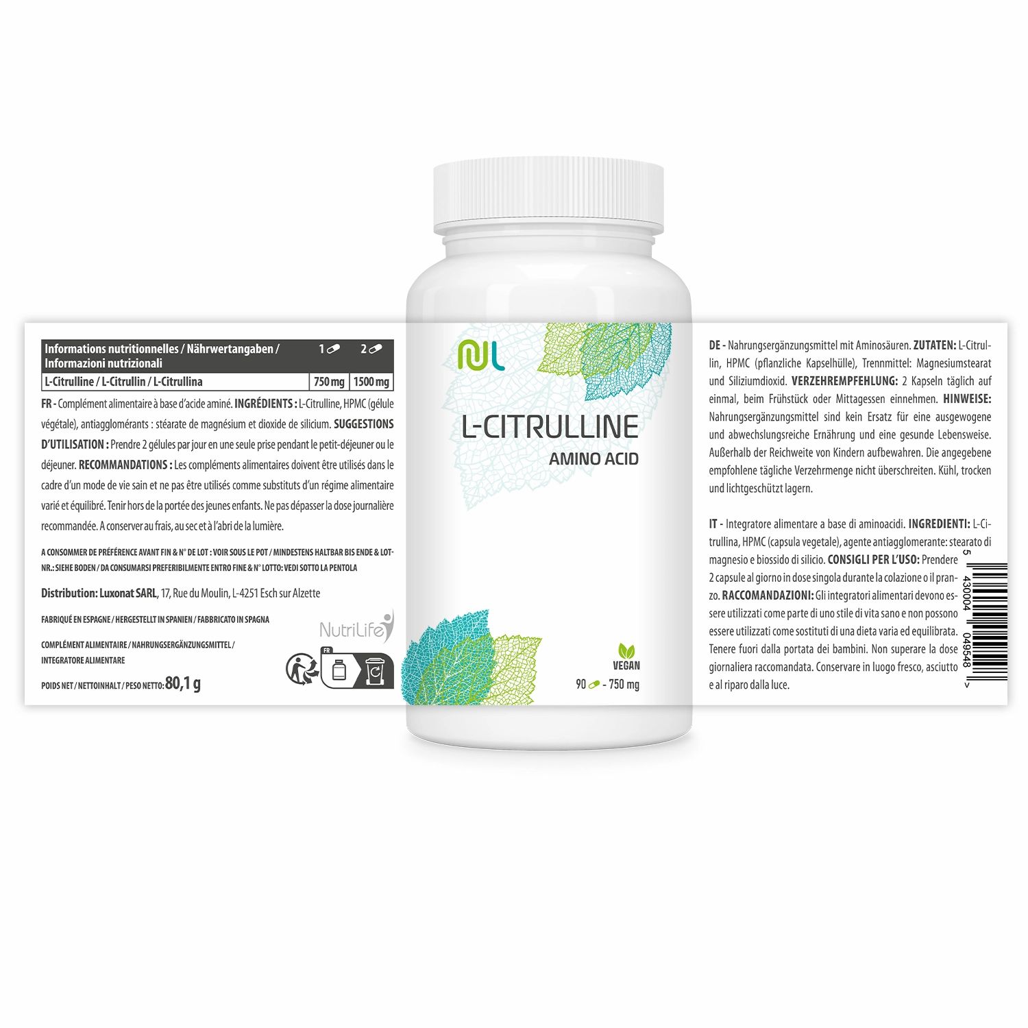 Weiße Flasche mit Etikett. Aufschrift: L-Citrullin, Aminosäure. Vegan-Siegel. Grün-blaue Blätter-Grafik. 90 Kapseln. Beipackzettel.