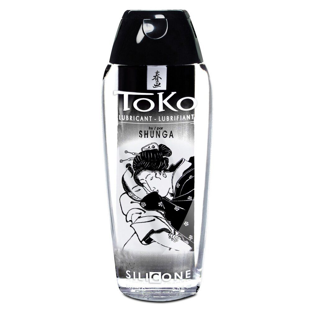 Gleitmittelflasche, Marke Toko. Schwarz-weiße Grafik einer Frau. Volumen: 165 ml.