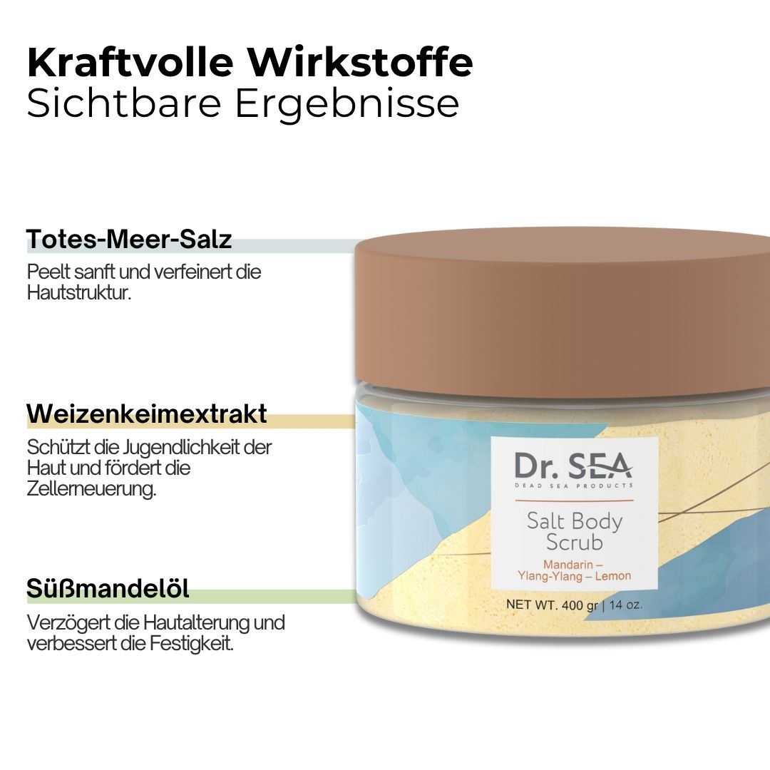 Körperpeeling-Behälter mit Produktinformationen. Text: Totes-Meer-Salz, Weizenkeimextrakt, Süßmandelöl.