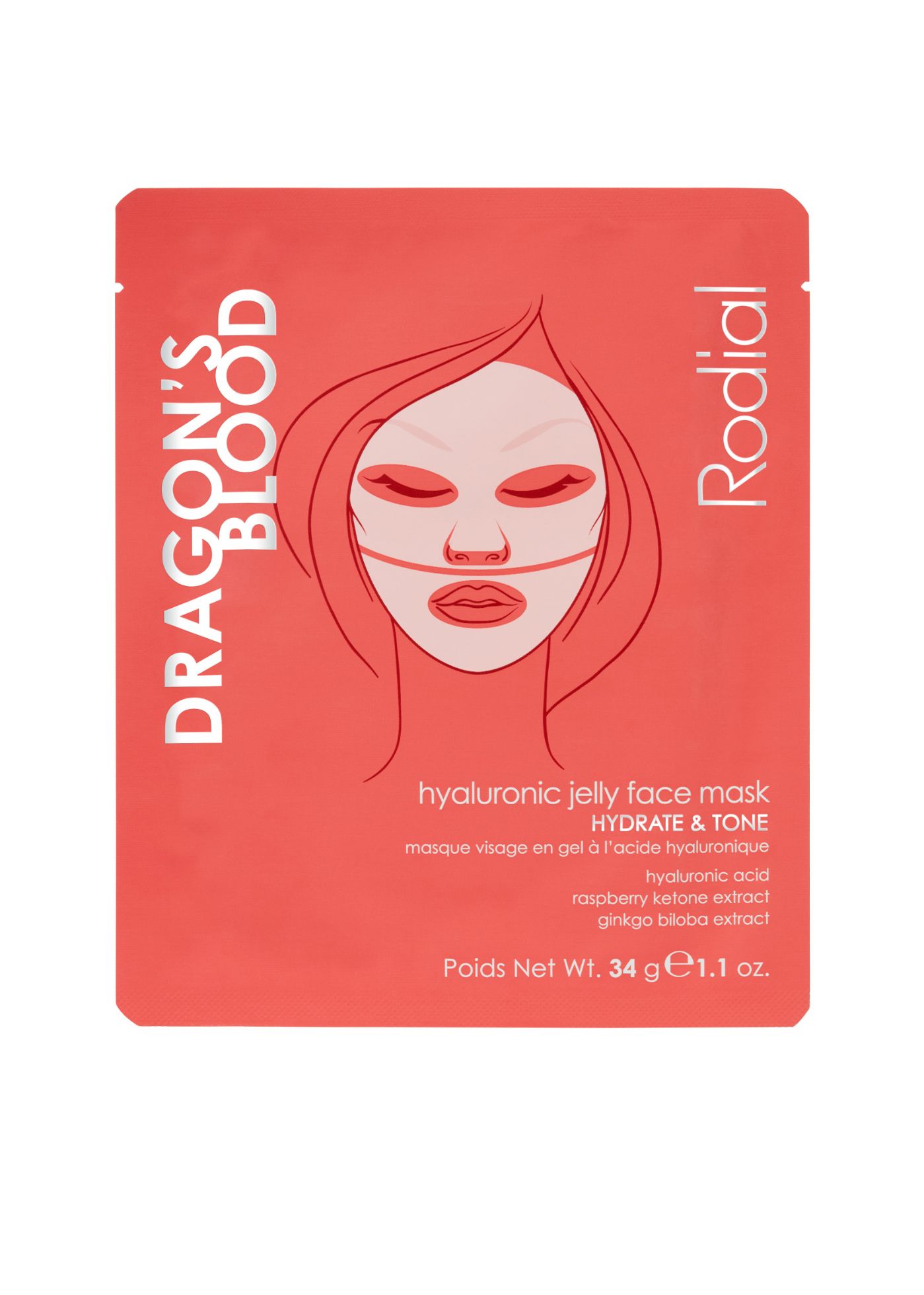 Gesichtsmaske in roter Verpackung. Schriftzug Dragon's Blood und Rodial. Abbildung eines Gesichts. Text: Hyaluronic Jelly Face Mask.