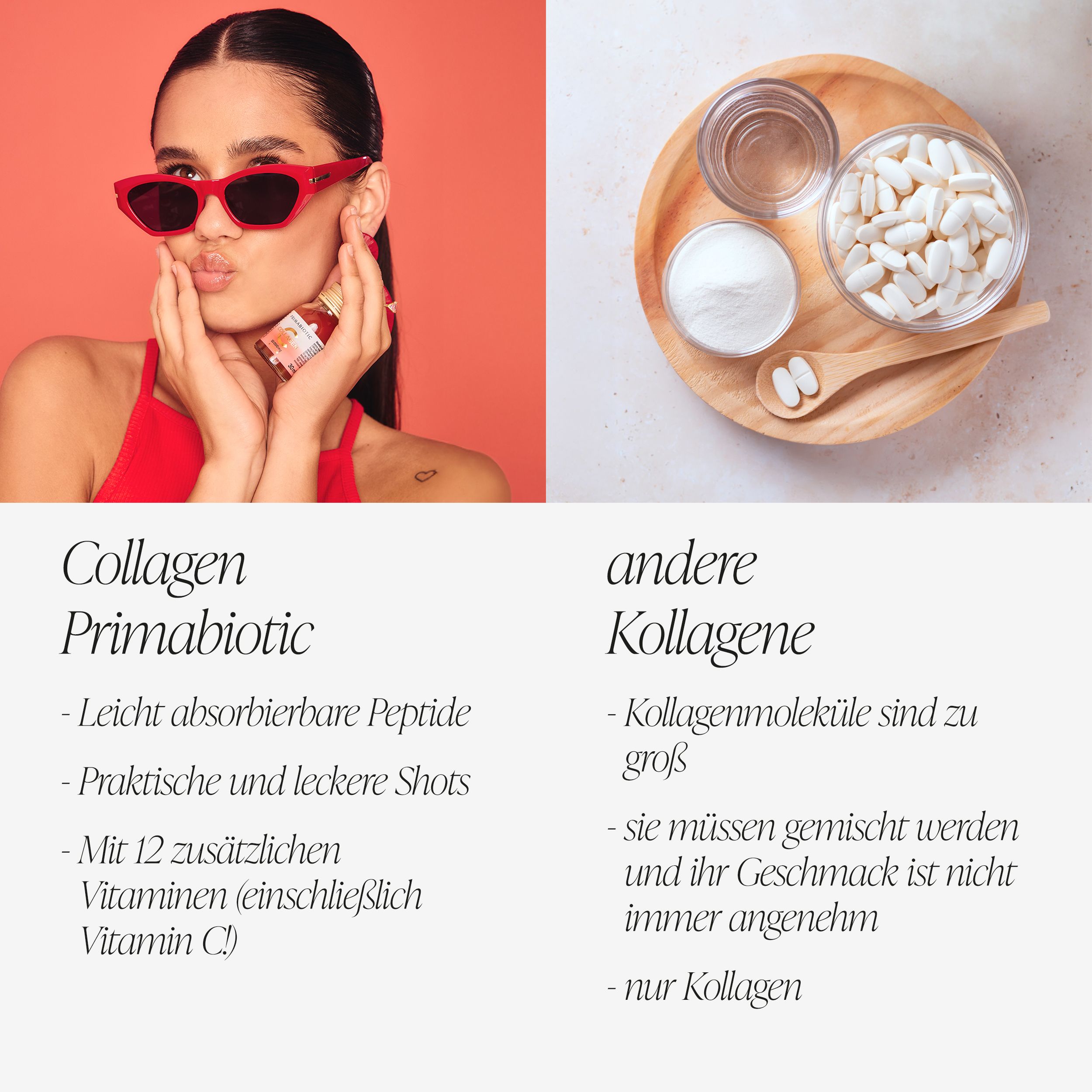 Zwei Bilder. Oben: Frau mit Sonnenbrille hält eine Flasche Primabiotic Collagen. Unten: Zutaten, Kollagen-Moleküle, Tabletten.